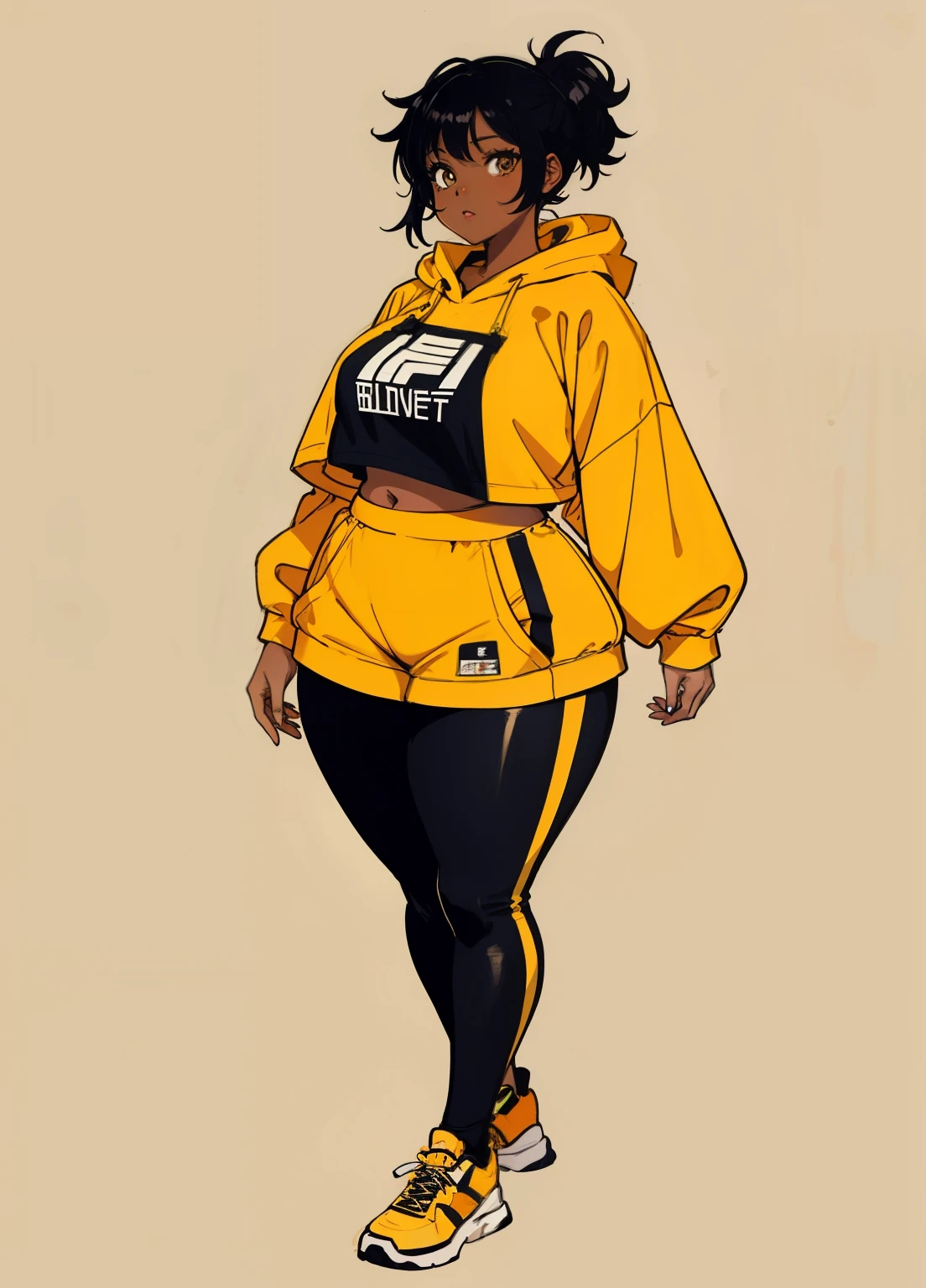 A drawing of a woman in a yellow hoodie and black leggings - SeaArt AI