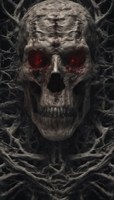 (ultra - detailed, A high resolution, Best quality, actual:1.37), Blood-red skull, Bone structure, full-body portraits, The presence of demons, Meat texture, Surreal art, vibrant with colors, dramatic lights