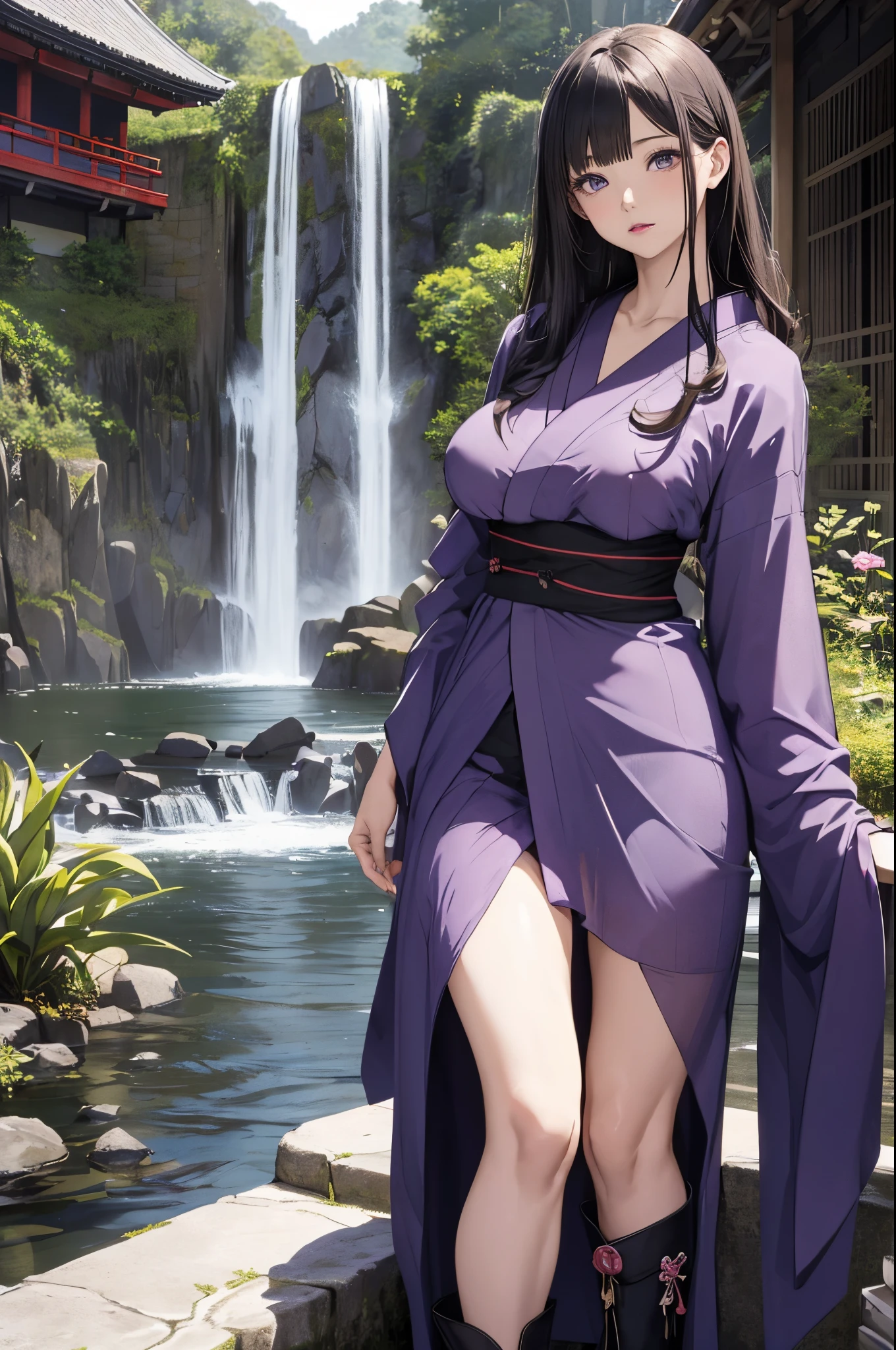 ((Japanese-style architecture on the banks of a dark waterfall)),((Japanese-style building with a terrifying atmosphere)), ((Next to a beautiful waterfall basin)), ((Sharp bewitching eyes))、((A sexy))、pale skin、(((1 girl in))), ((pale skin))、Melancholy beautiful face、Beautiful expression、Sexy face、Nipple bumps, (((Lower breast)))、knee high socks、(((Beautiful breasts ))), Beautiful 、long boots、Super fine face、Delicat eyes、(Double eyelids)、 (((1 Japan Woman)))、 Beautie, sixteen years old, Wavy Hair、barechested、Underhair、Realism、wetting hair、(Japanese style kimono), ((See-through kimono))、((Black kimono)), Open Wareme, Beautiful , Beautiful hands,not any dressed, I'm not wearing underwear, Female masturbation、Opening legs、squatt、(((erectile nipple)))、long teat、Squat，Spread your legs apart，(M-shaped legs),I wasn't wearing panties，Expose the lower body, (dark purple lipstick)