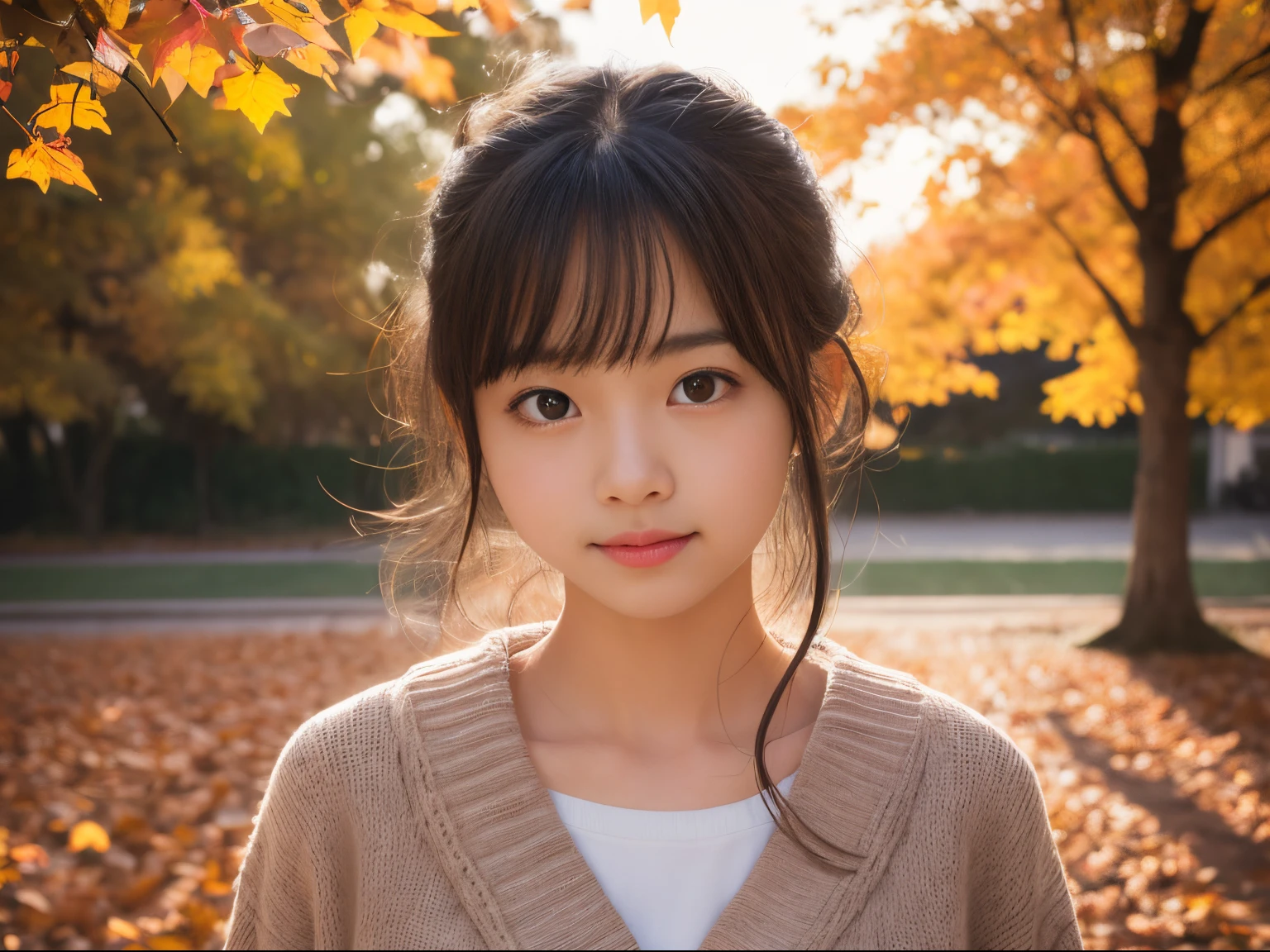 Arafed asian woman with long hair and a sweater on in a park - SeaArt AI
