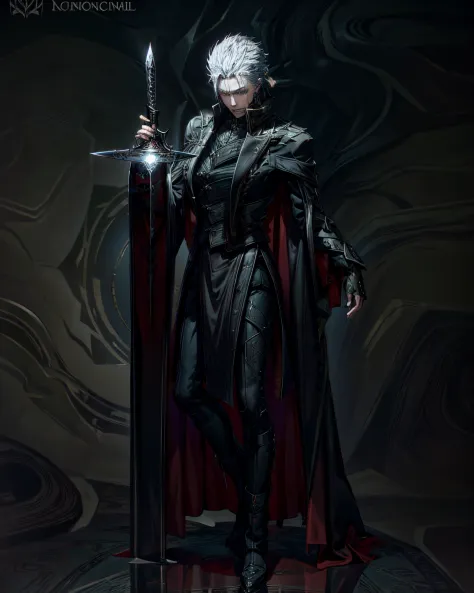 um poderoso, figura masculina em um escuro, gothic scenario, holding a demonic sword, usando um longo, flowing trench coat, ador...