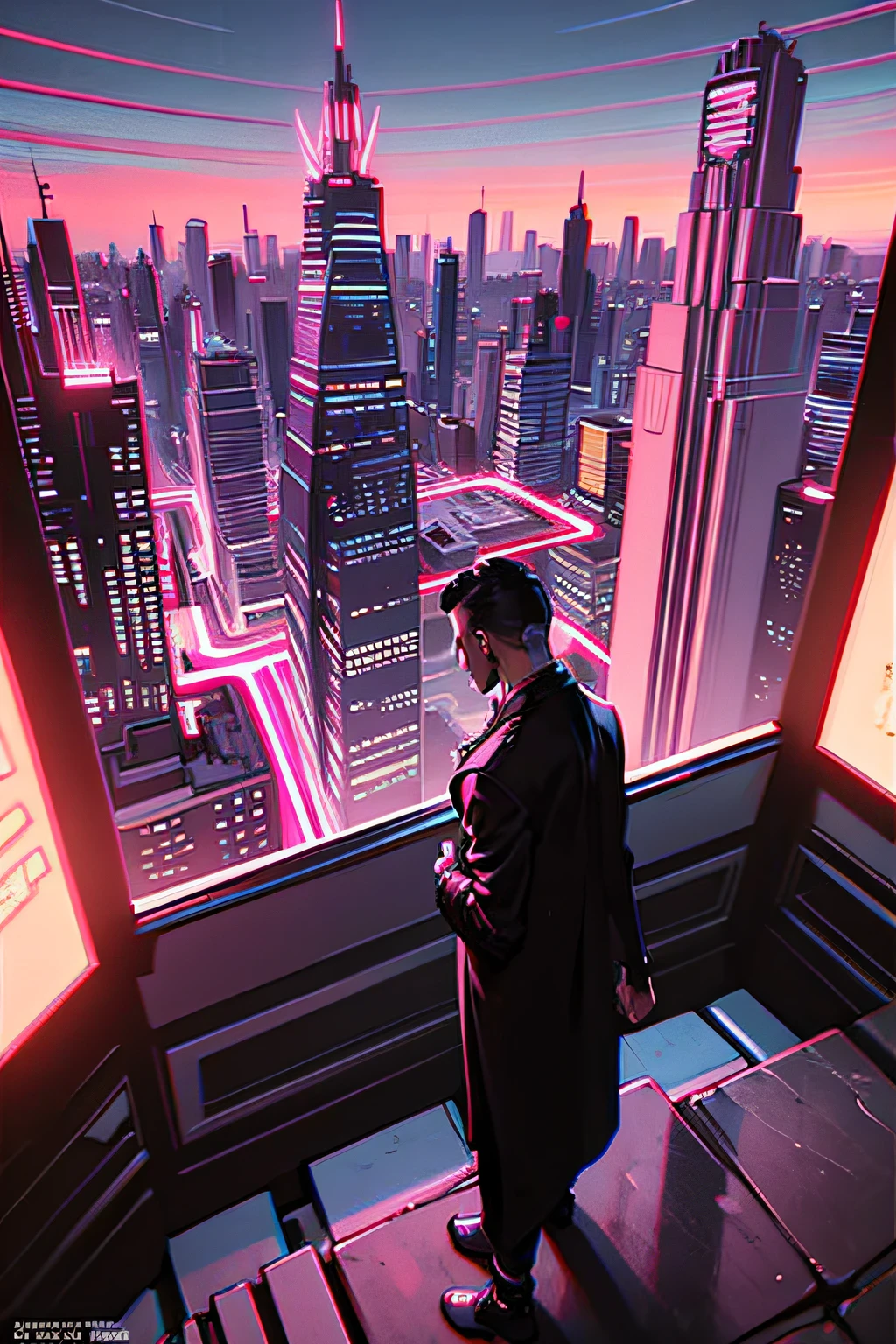 silhueta de um Homem usando sobretudo, standingn, de costas, cabelos longos, on the balcony of a futuristic building, panoramic view of well-lit nightcity. estilo de Arte - comic (cyberpunk) by Bryan Hitch. Dramatic colors with lots of details. hd