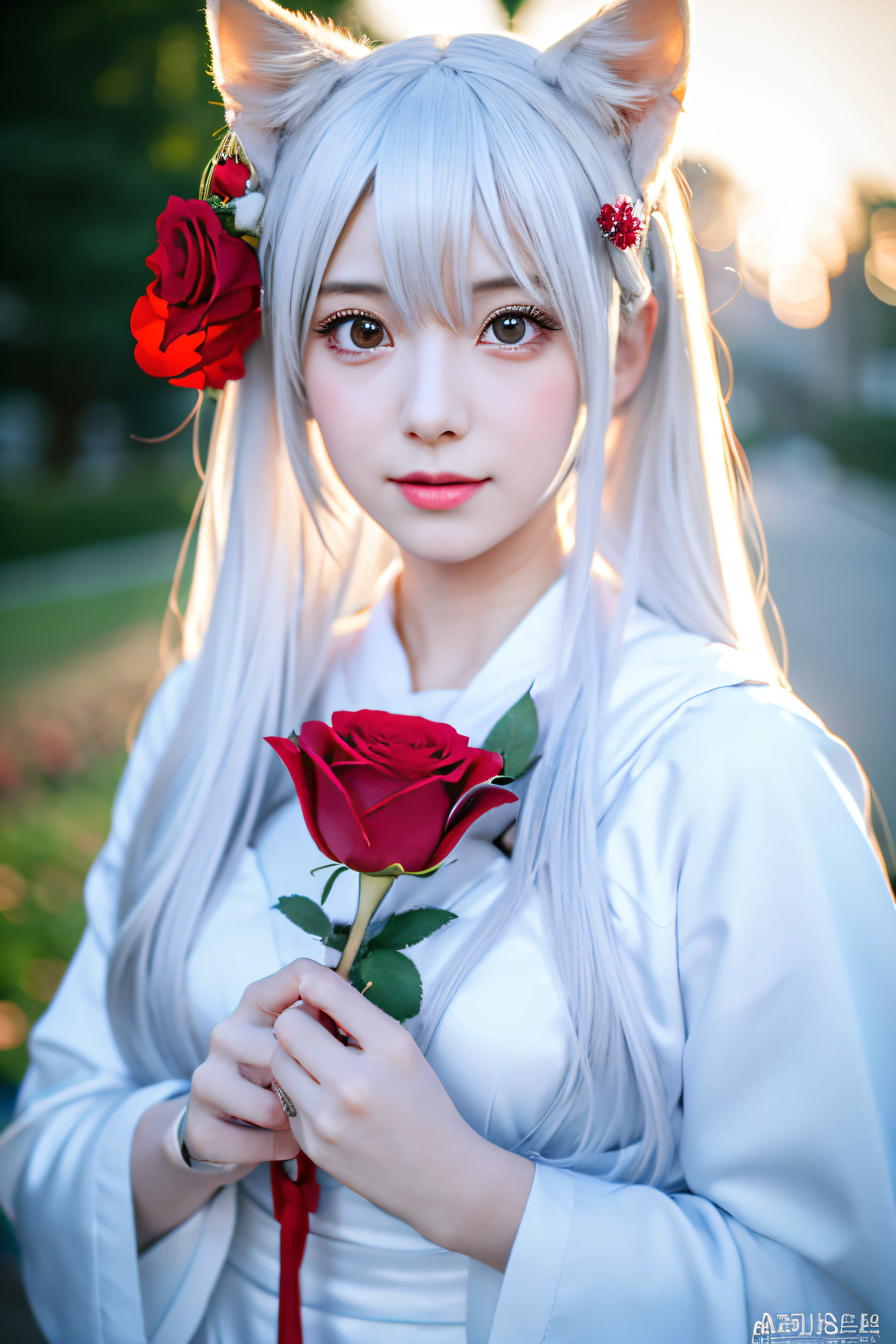high-definition picture,Three girls，1 wearing a white dress、There is a woman with red roses in her hair, Anime Cosplay, Anime girl cosplay, cosplay foto, Real style mixed with Fujifilm, Cosplay,2 White haired god, a beautiful kitsune woman, cosplayer, White Cat Girl, Girl Silver Hair, Nekomimi, 3 real life anime girls, Ayaka Cosplay, white hime cut hairstyle