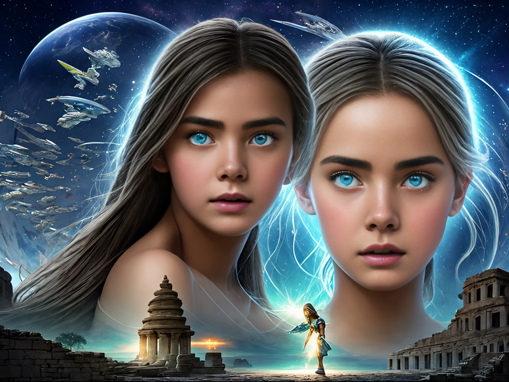 (masterpiece), realistic, beautiful face, cinematic light, bangs, ancient princess and her servant , full body, from above and side, outdoor, ancient ruins, beautiful eyes, silver hair, perfect anatomy, very cute,  (blue eyes) , bioluminescence, 8 life size,8k resolution, human hands, elegant, approaching perfection, dynamic, highly detailed, concept art, smooth, facing directly at the viewer positioned so that their body is symmetrical and balanced, stunningly beautiful teenage girl, detailed hairstyle, fractal art, god ray,  endured sadness expression, open mouth and stick out tongue, F-16 fighter jet chased by UFO, rainbow, winter, naked