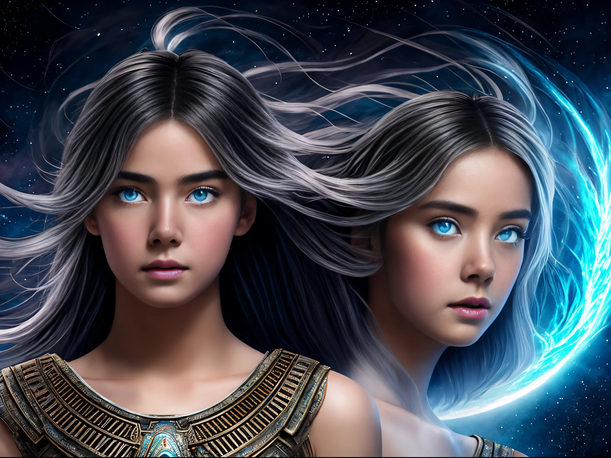 (masterpiece), realistic, beautiful face, cinematic light, bangs, ancient princess and her servant , full body, from above and side, outdoor, ancient ruins, beautiful eyes, silver hair, perfect anatomy, very cute,  (blue eyes) , bioluminescence, 8 life size,8k resolution, human hands, elegant, approaching perfection, dynamic, highly detailed, concept art, smooth, facing directly at the viewer positioned so that their body is symmetrical and balanced, stunningly beautiful teenage girl, detailed hairstyle, fractal art, god ray,  endured sadness expression, open mouth and stick out tongue, F-16 fighter jet chased by UFO, rainbow, winter, naked