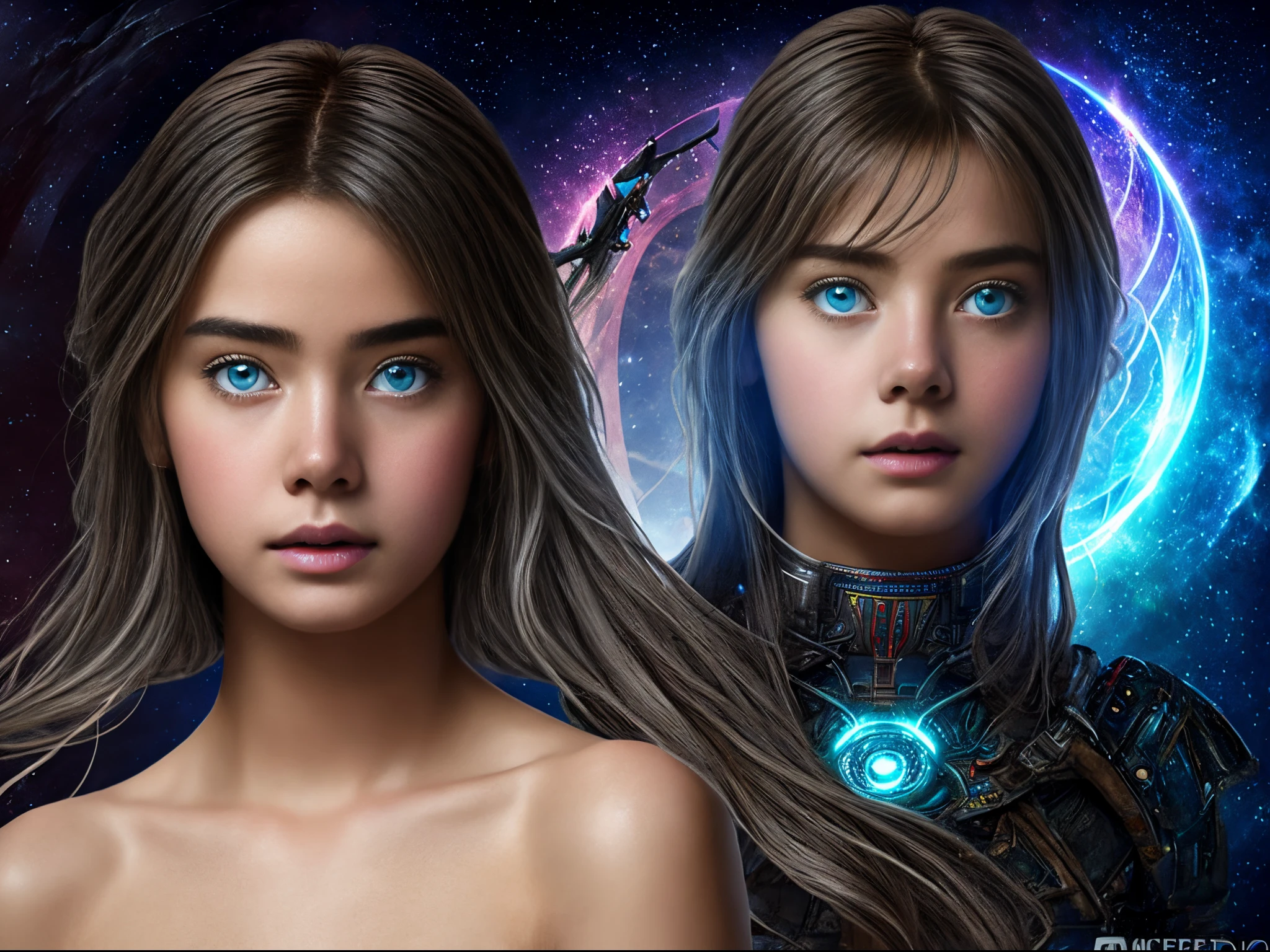 (masterpiece), realistic, beautiful face, cinematic light, bangs, ancient princess and her servant , full body, from above and side, outdoor, ancient ruins, beautiful eyes, silver hair, perfect anatomy, very cute,  (blue eyes) , bioluminescence, 8 life size,8k resolution, human hands, elegant, approaching perfection, dynamic, highly detailed, concept art, smooth, facing directly at the viewer positioned so that their body is symmetrical and balanced, stunningly beautiful teenage girl, detailed hairstyle, fractal art, god ray,  endured sadness expression, open mouth and stick out tongue, F-16 fighter jet chased by UFO, rainbow, winter, naked