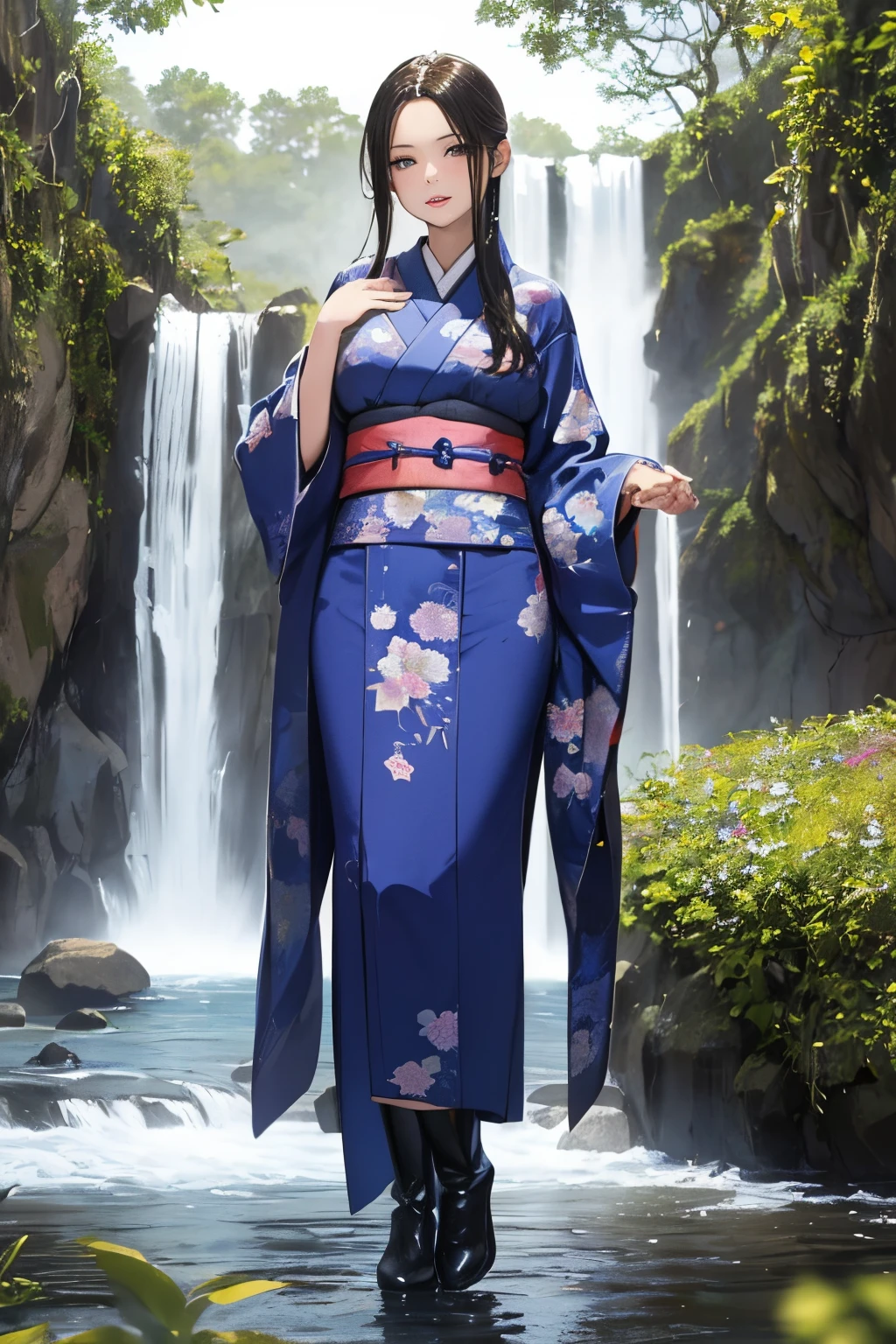 ((A beautiful woman standing in a waterfall basin)),((Next to a beautiful waterfall basin)), ((Sharp bewitching eyes))、((A sexy))、(((See-through kimono:1)))、((Kimono made of thin cloth wet with water)), pale skin、(((1 girl in:1))), ((pale skin))、Melancholy beautiful face、Beautiful expression、Sexy face、Nipple bumps, (((Lower breast)))、(((Beautiful breasts ))), Beautiful 、long boots、Super fine face、Delicat eyes、(Double eyelids)、 (((1 Japan Woman)))、 Beautie, 20yr old,