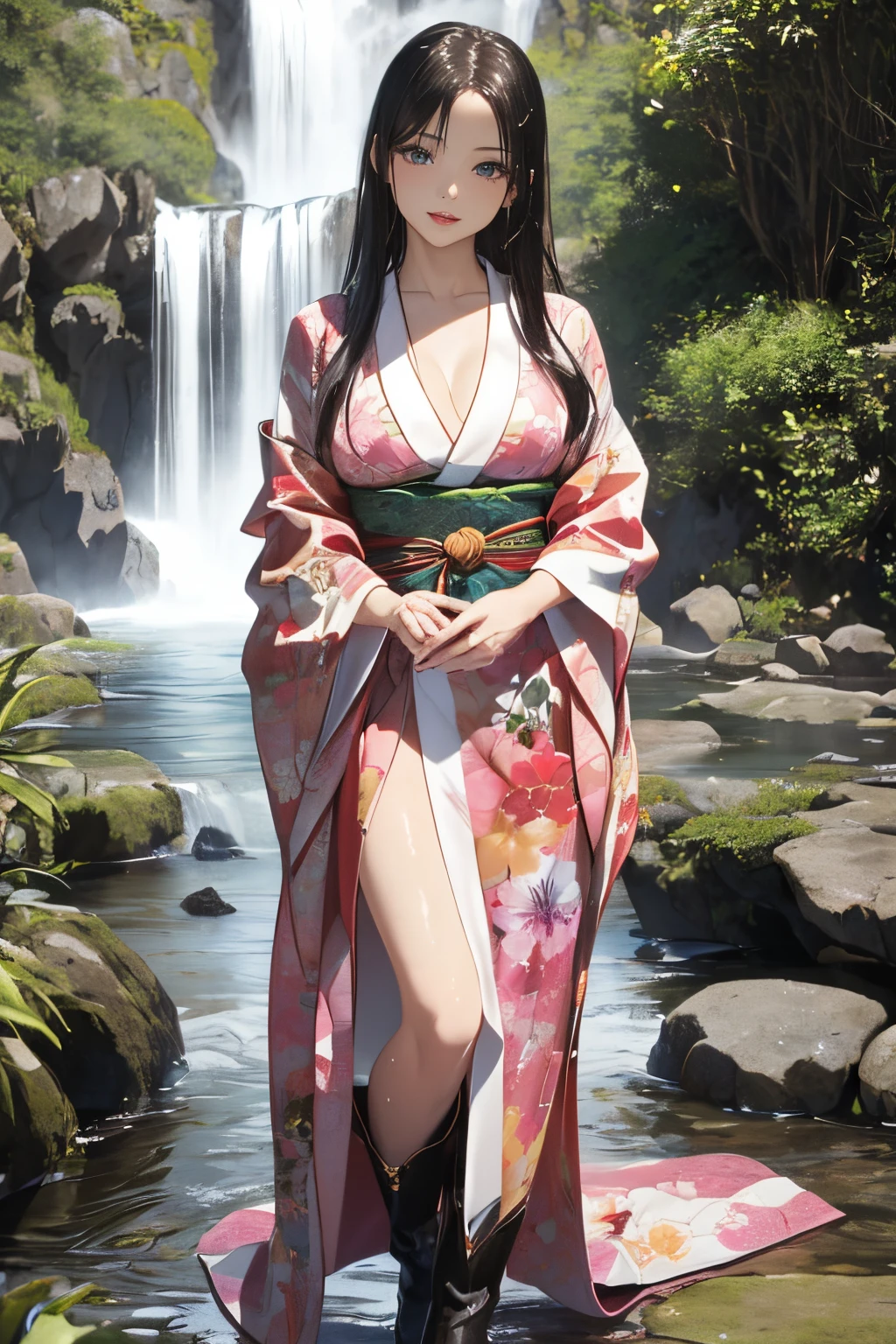 ((A beautiful woman standing in a waterfall basin)),((Next to a beautiful waterfall basin)), ((Sharp bewitching eyes))、((A sexy))、(((See-through kimono:1)))、((Kimono made of thin cloth wet with water)), pale skin、(((1 girl in:1))), ((pale skin))、Melancholy beautiful face、Beautiful expression、Sexy face、Nipple bumps, (((Lower breast)))、(((Beautiful breasts ))), Beautiful 、long boots、Super fine face、Delicat eyes、(Double eyelids)、 (((1 Japan Woman)))、 Beautie, 20yr old,