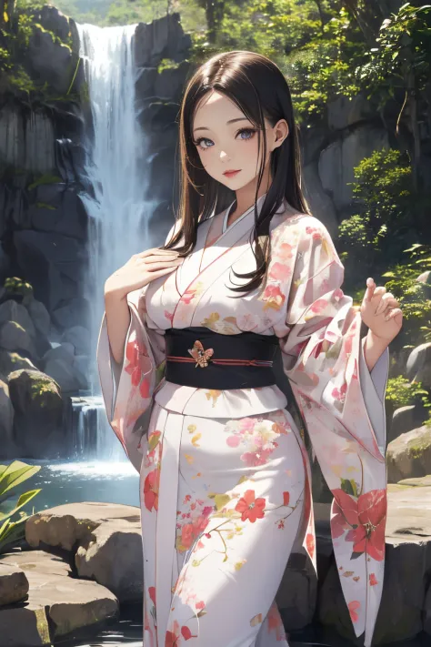 ((A beautiful woman standing in a waterfall basin)),((Next to a beautiful waterfall basin)), ((Sharp bewitching eyes))、((A sexy)...