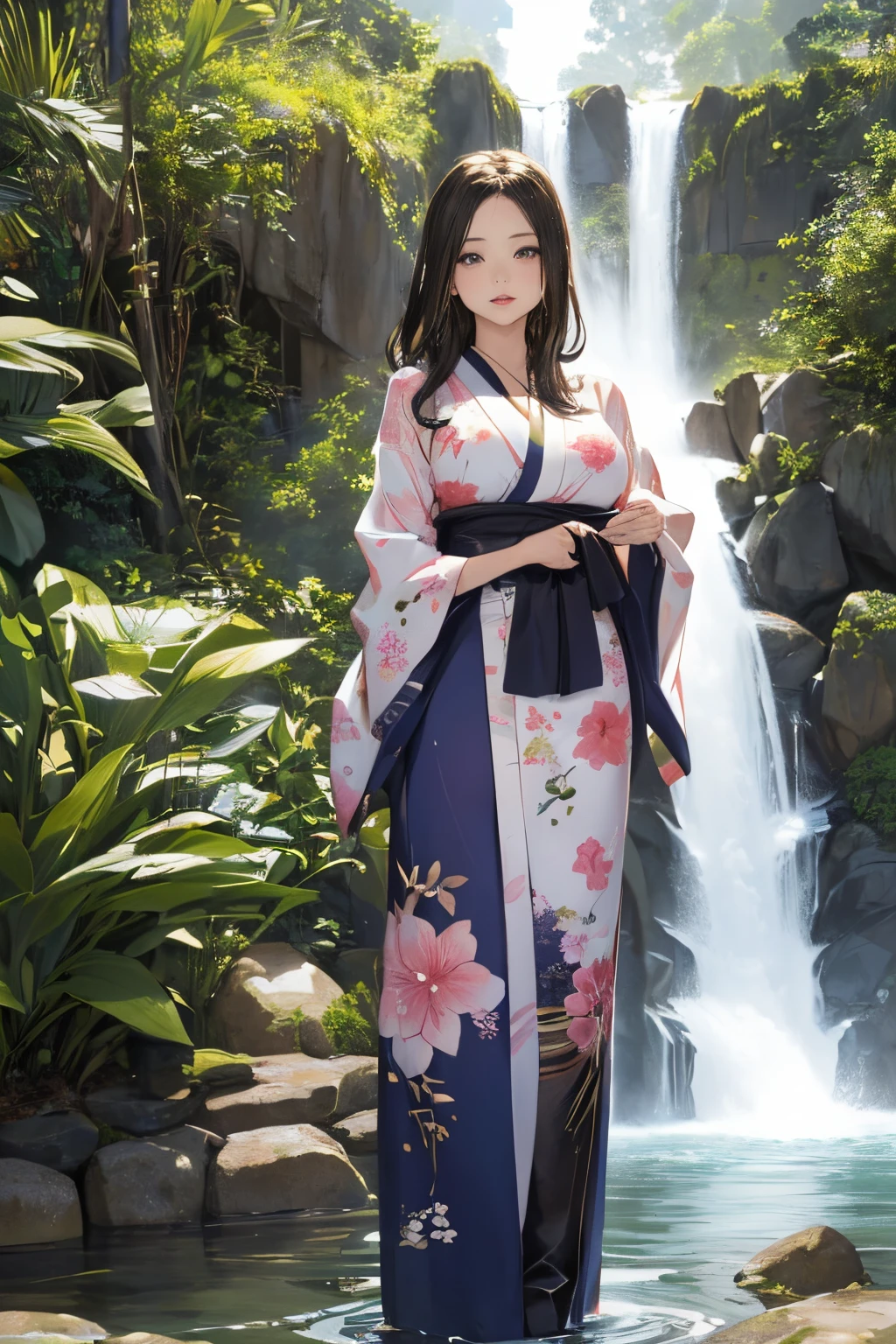 ((Beautiful woman standing by the waterfall)),((A beautiful half-naked woman in a beautiful waterfall basin)), ((Sharp bewitching eyes))、((A sexy))、(((See-through kimono:1)))、((Kimono made of thin cloth wet with water)), pale skin、(((1 girl in:1))), ((pale skin))、Melancholy beautiful face、Beautiful expression、Sexy face、Nipple bumps, (((Lower breast)))、(((Beautiful breasts ))), Beautiful 、long boots、Super fine face、Delicat eyes、(Double eyelids)、 (((1 Japan Woman)))、 Beautie, 20yr old,