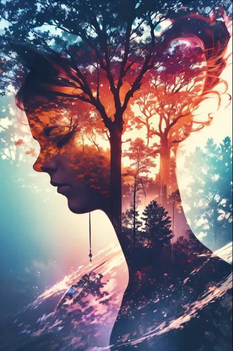 masterpiece, digital imaging, photography, double exposure, centered, white background, 1girl, elf, mythical forest, volumetric ...