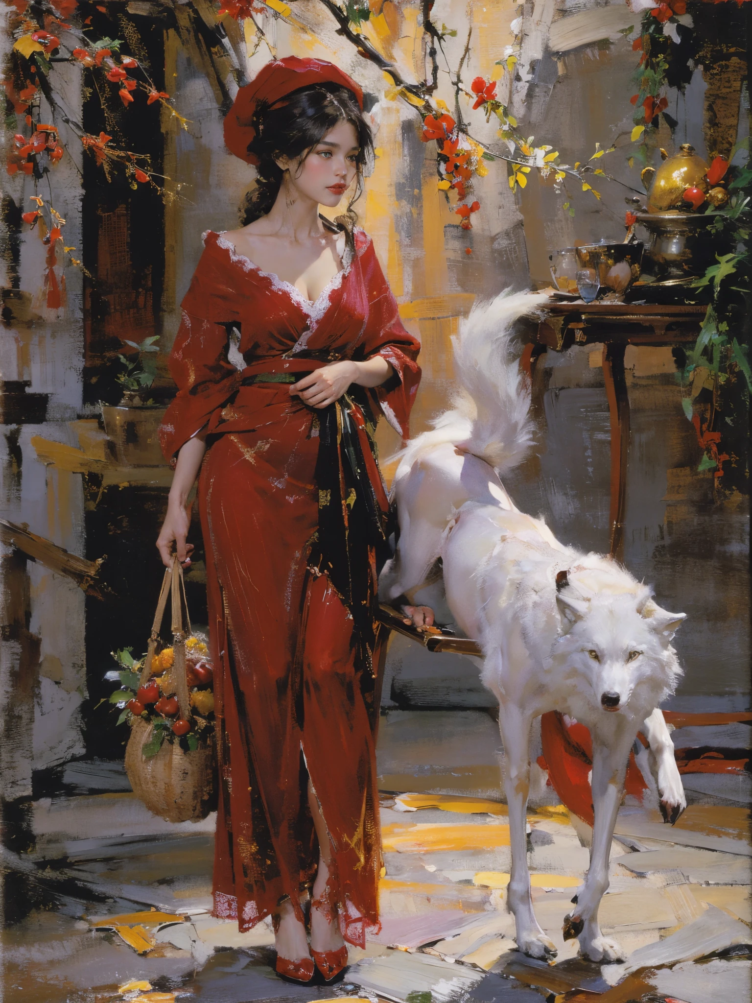 Describes the scene where the girl in red meets the wolf，(((white wolf)))，Quiet and harmonious atmosphere，Dramatic composition，warm color palette，plethora of colors，Correct anatomy，Detailed faces, Detailed eyes，（Girls wear：red shawl，Red Hat，laced dress，Red Hat, cloaks, Large bra, a skirt, Red dress，Carrying a basket of fruit），Background with：luring，natural  lightting, Candy   House，a fairy world，Close-up cleavage，Charming and sexy legs，((Sexual suggestiveness))，Correct anatomy，Detailed face, Detailed eyes，(post impressionist),(Fechin Oil Painting - Fechin Oil Painting , oil painted), 05