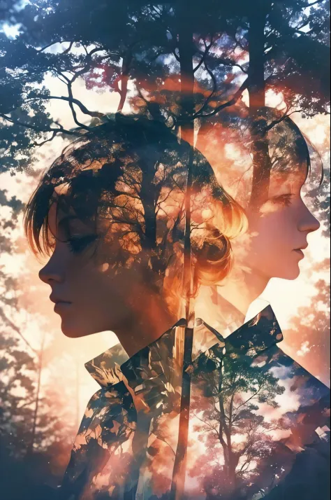 masterpiece, photography, double exposure of a spade, centered, elf 1girl, mythical forest background, volumetric lighting, symm...