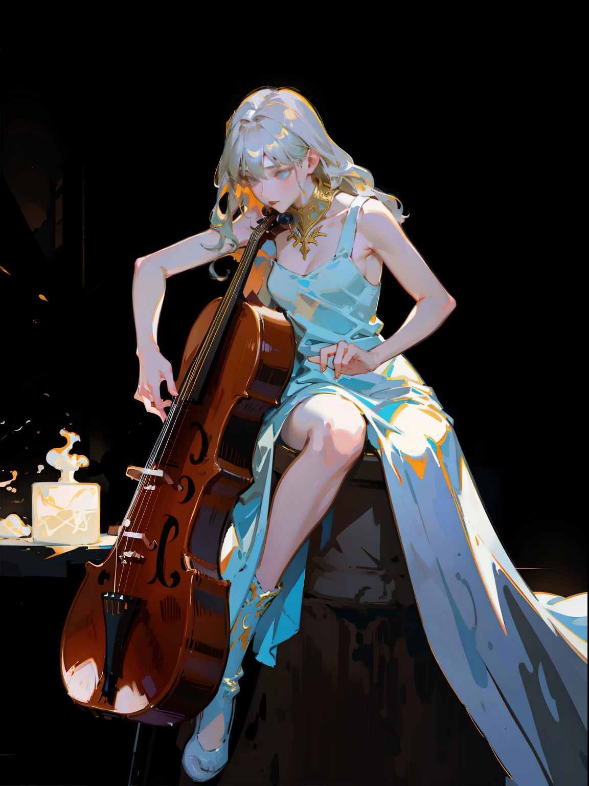 Full body standing painting，(Drawing of girl playing cello), (Simple white dress)，Mandy Jürgens (Mandy Jurgens) Realistic paintings created, Perverted, arte figurativa, Detailed depiction of the, realistically, An artwork of