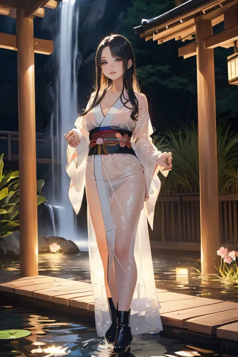 ((Waterfall basin on a moonlit night)),((beautiful woman standing in the middle of the pond)),((Beautiful half-naked woman in a ...
