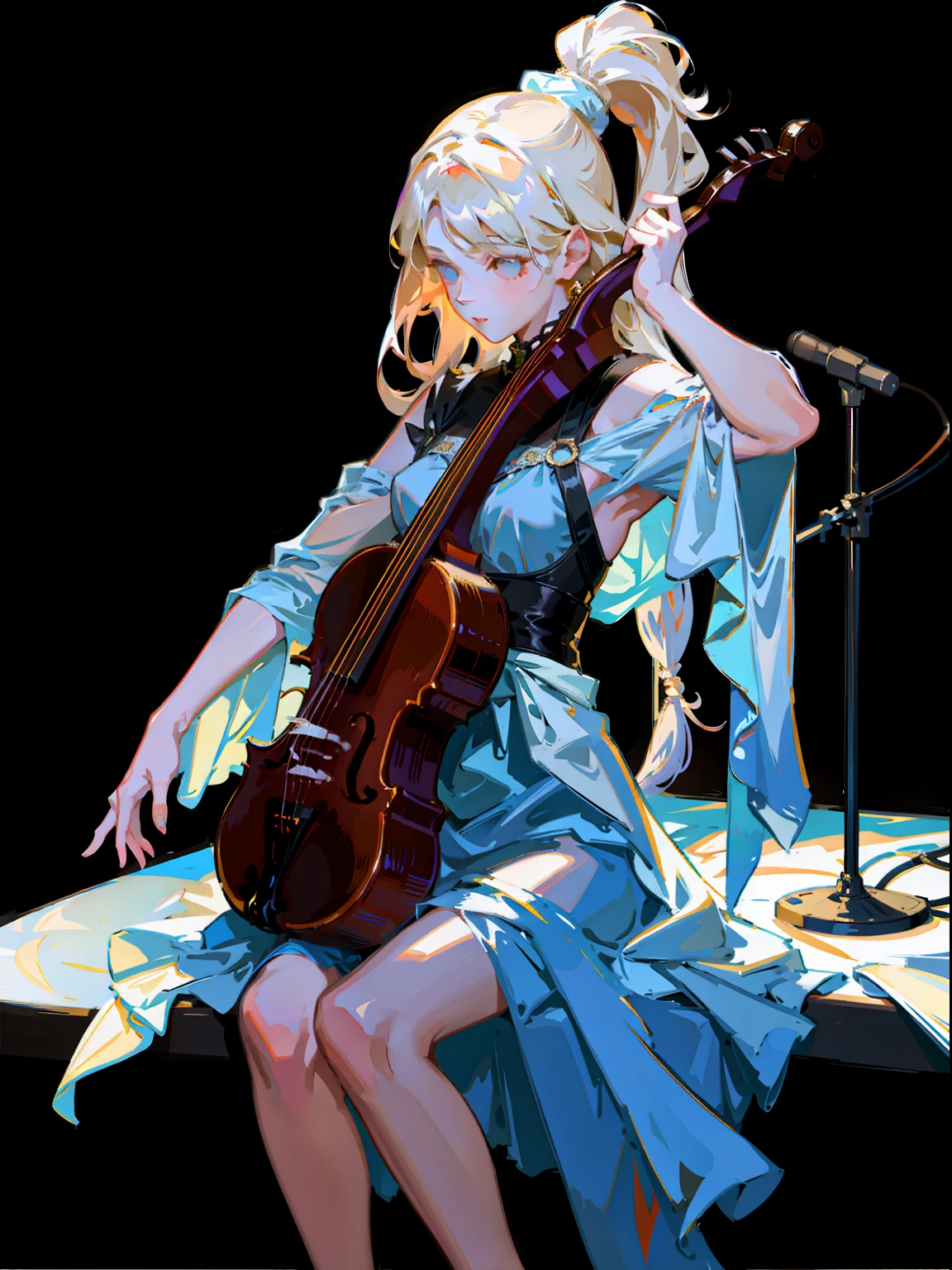 pintura de cuerpo completo，(Dibujo de niña tocando el violonchelo), (vestidos blancos)，mandy jurgens (Mandy Jürgens) Pinturas realistas creadas., Pervertido, arte figurativo, Descripción detallada de la, de modo realista, un trabajo de arte