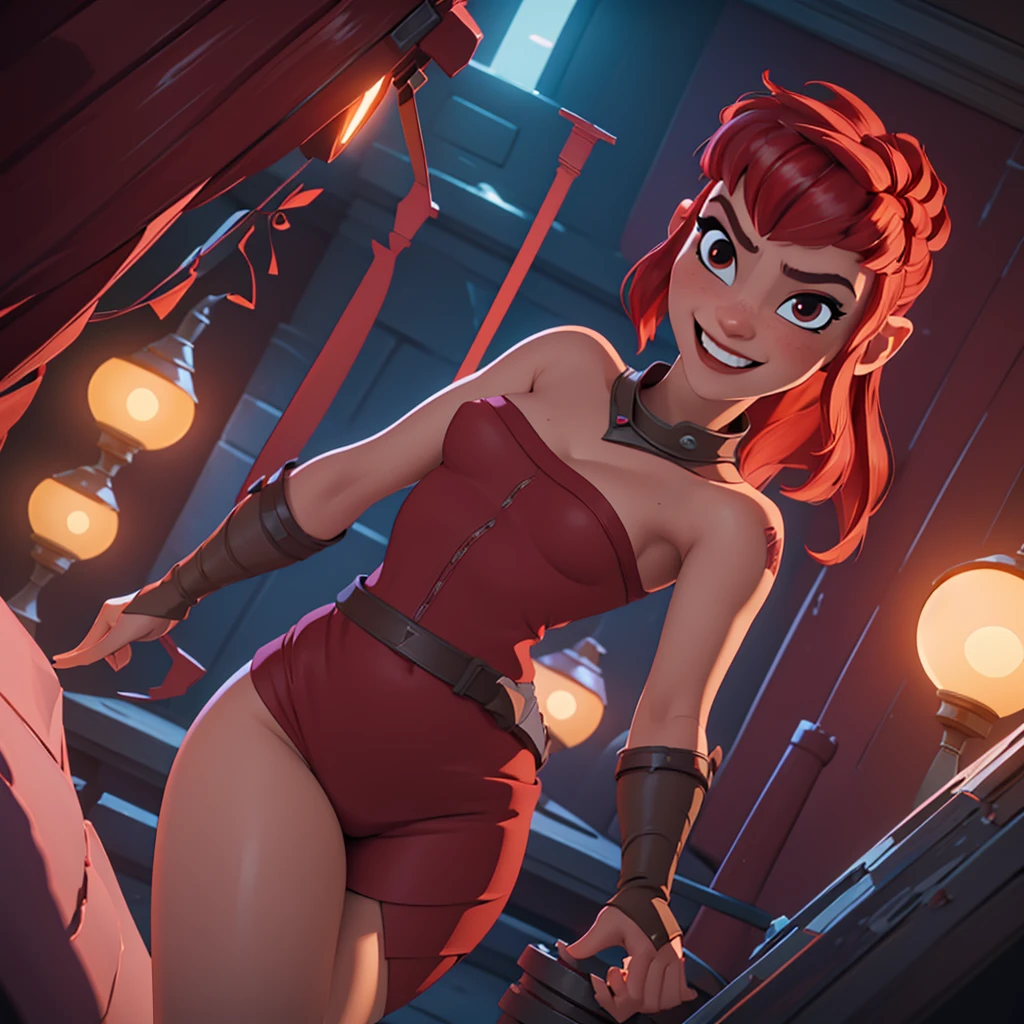 NSFW, nude, (8k, best lighting, masterpiece, best quality, best luminosity, best shadow, particles, bloom, extra lights, cinematic lights), nimona, (1girl, solo),  slender figure, small breasts, bare breasts, brown nipples, red pubic hair, sexy, standing, devilish smile, (looking at viewer, red hair, sharp) in a futuristic medieval back alley