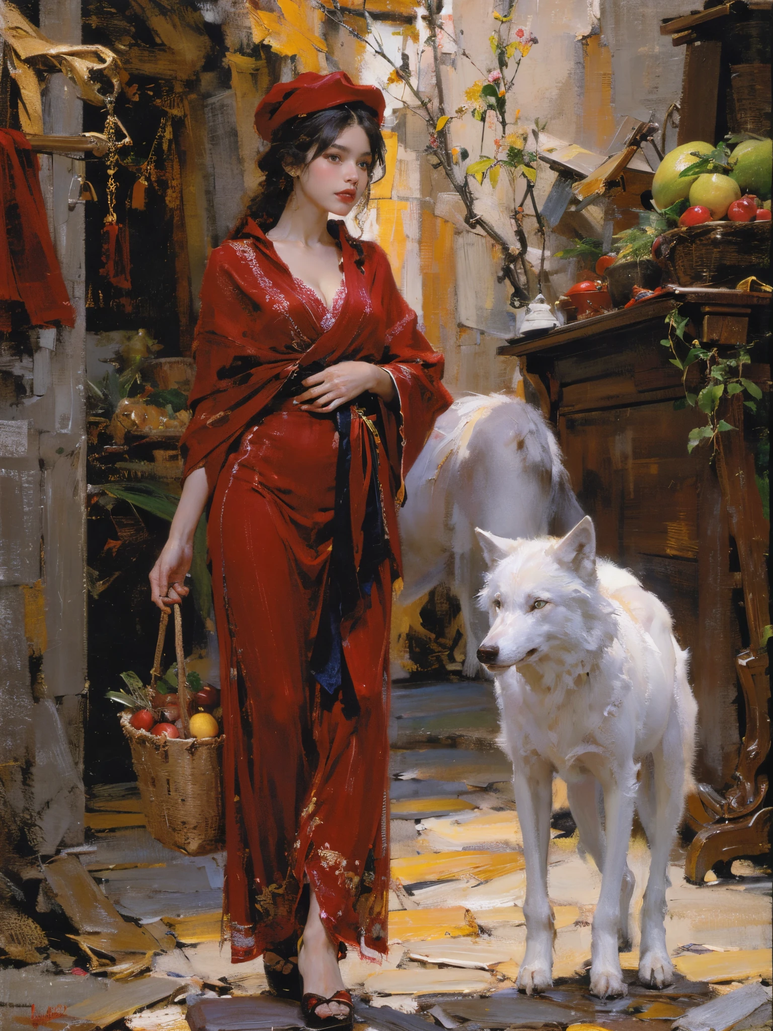 Describes the scene where the girl in red meets the wolf，(((white wolf)))，Quiet and harmonious atmosphere，Dramatic composition，warm color palette，plethora of colors，Correct anatomy，Detailed faces, Detailed eyes，（Girls wear：red shawl，Red Hat，laced dress，Red Hat, cloaks, Large bra, a skirt, Red dress，Carrying a basket of fruit），Background with：luring，natural  lightting, Candy   House，a fairy world，Close-up cleavage，Charming and sexy legs，((Sexual suggestiveness))，Correct anatomy，Detailed face, Detailed eyes，(post impressionist),(Fechin Oil Painting - Fechin Oil Painting , oil painted), 05