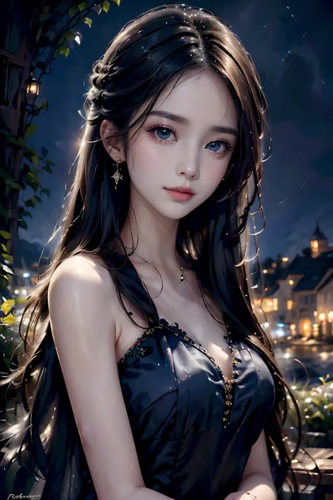 best quality,realistic,portrait,night scene,vivid colors,beautiful detailed eyes,beautiful detailed lips,long hair,flowing dress...