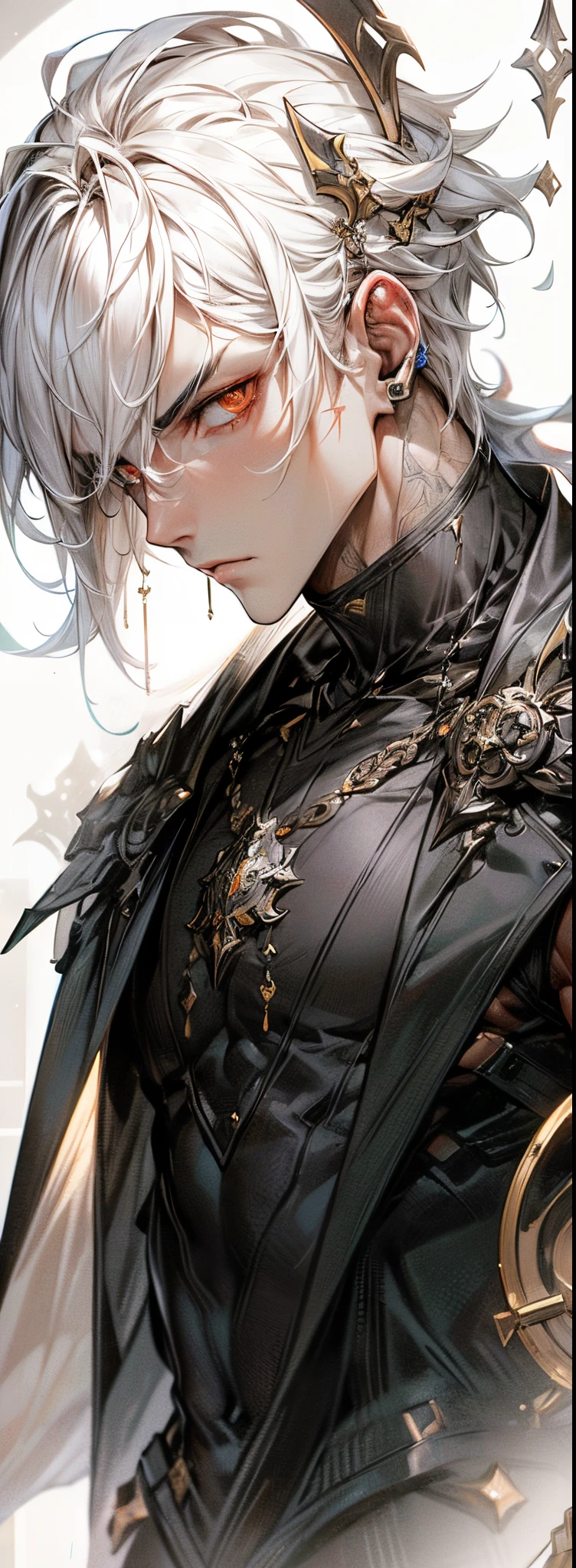 An epic and visually stunning digital artwork featuring a mid-30's masculine male with an angular facial structure and a flat masculine chest. The character is adorned in a heavy dieselpunk style with a heavy metal aesthetic, wearing eyeshadow for added intrigue. The image showcases the beauty and elegance of the character, who is wearing mechanical armor plating. The character has bright piercing orange eyes that stand out against their pure white armor plating. The armor is gorgeously engraved and resembles an armored trench coat. The character also possesses androgynous features, with mechanical muscled arms adding to their unique appearance.