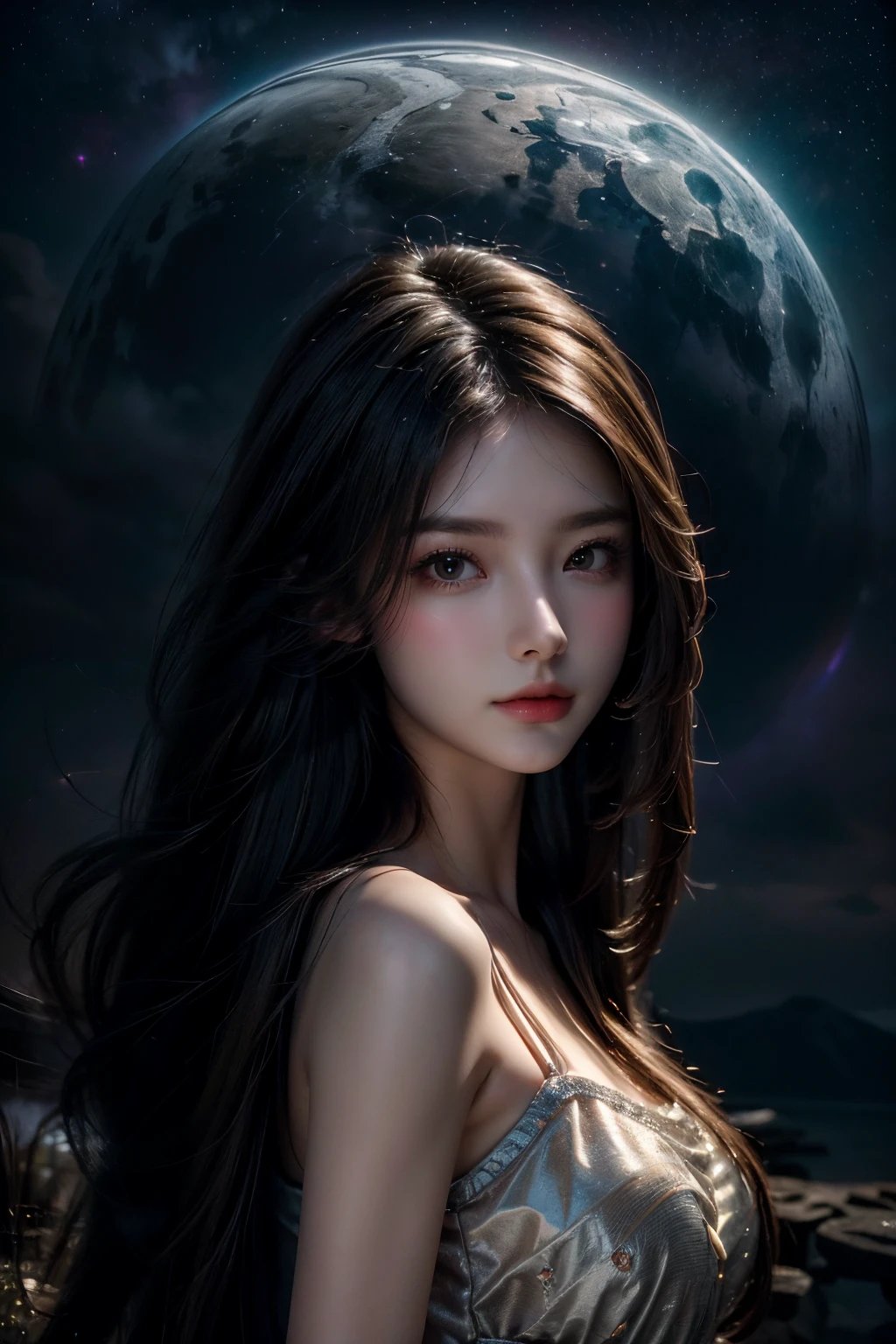 (best quality,4k,8k,highres,masterpiece:1.2),ultra-detailed,(realistic,photorealistic,photo-realistic:1.37),girl,star-filled sky,dark-colored dress,shining stars,long flowing hair,fair skin,sparkling eyes,mirror-like reflections,ethereal atmosphere,moonlight,silhouette,serene expression,starry night,peaceful ambiance,gentle breeze,graceful movements,majestic background,cosmic wonders,stellar beauty,dreamlike setting,vivid colors,soft focus,astral glow,celestial beings,celestial music,luminous constellations,galactic dreams,magical night sky,mesmerizing sight,enchanting nightfall,stunning night scenery,nighttime serenity,night sky spectacle,spectacular celestial display