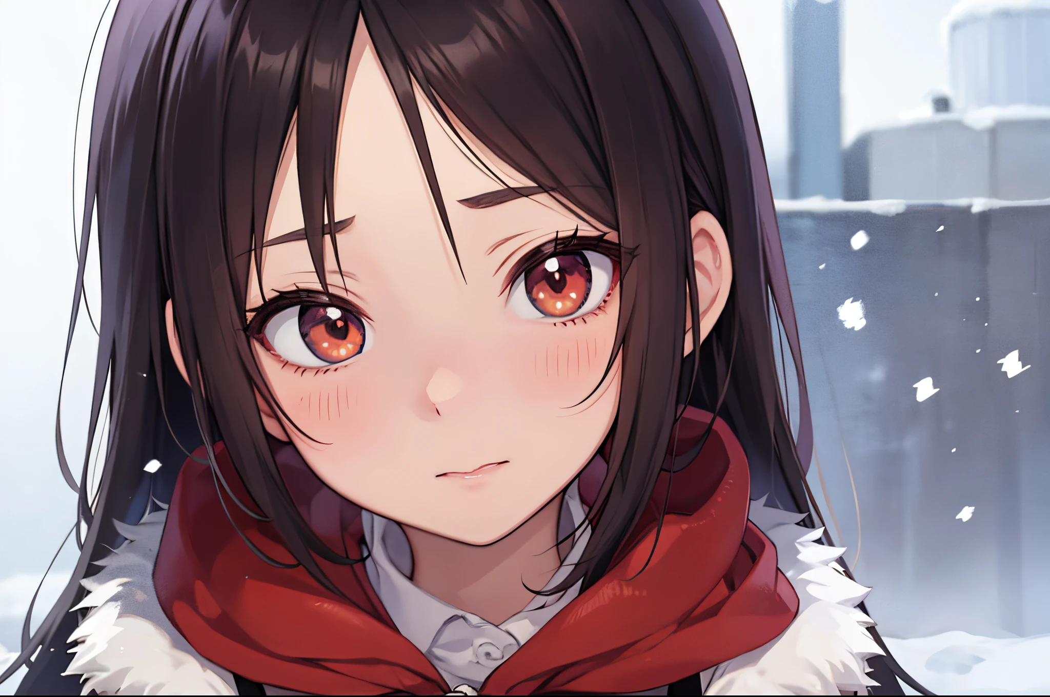 Аниме стиль, 1 девочка, зима, теплая одежда, красные щеки, красный нос, идет снег, Фон: зима、экстремальный портрет крупным планом、Здоровое лицо