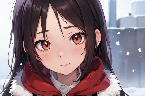 Anime style, 1 girl, winter, warm clothes, red cheeks, red nose, snowing, Background: winter、extreme close up portrait、Healthy F...