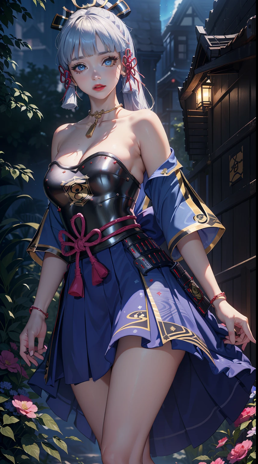 ((masterpiece)),(bestquality),((ultra-detailed)), ((beautiful detailed sky)), ((cinematic lighting)), depth of field, (dynamic angle),detailed lighting,((beautiful detailed eyes)), (night sky view), red lip, eyeshadow,large breast, cleavage, ((wearing tiny dress, off shoulders, bare hips)), ((kamisatoayakadef))