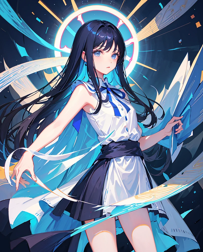 ​masterpiece, top-quality, 1girl in, length hair, Blue long dress, Blue ribbon,abstract background、magic circles、A girl with long black hair with bangs cut sharply、A woman with impressive symmetrical, neat bangs、Bright and clear illustration style、With straight black hair、The inner color has a blue gradation on the inside, and the length of the hair is up to the waist.