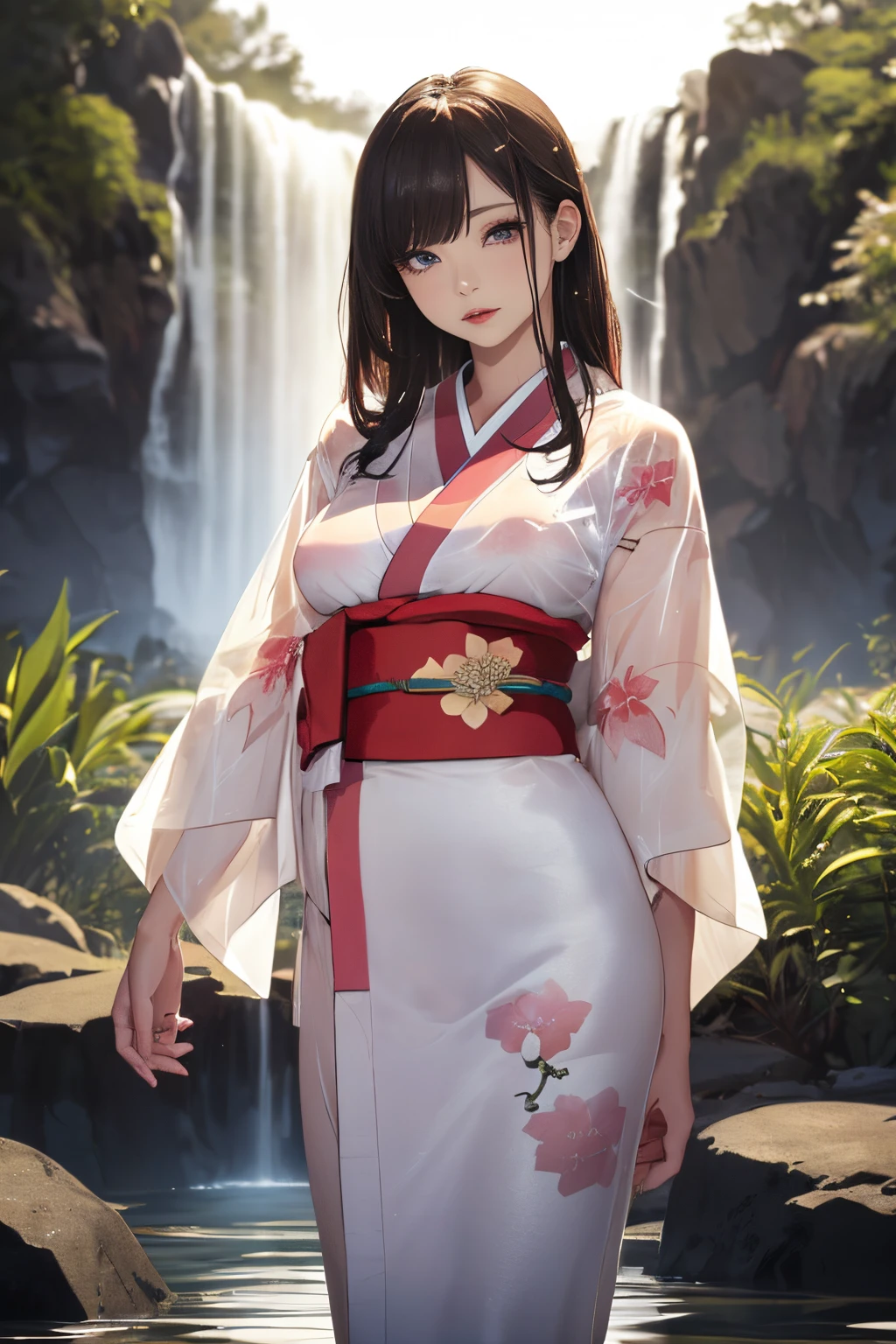 (((Standing in the middle of a waterfall on a moonlit night:1))),((beautiful woman standing in the middle of the pond:1)),((Beautiful half-naked woman in a beautiful waterfall basin)), ((Sharp bewitching eyes))、((A sexy))、(((See-through kimono:1.3)))、((Kimono made of thin cloth wet with water:1)), pale skin、((Nipple bumps:1)), (((1 girl in:1))), ((pale skin))、Melancholy beautiful face、Beautiful expression、Sexy face, (((Lower breast)))、(((Beautiful breasts ))), Beautiful 、Super fine face、Delicat eyes、(Double eyelids)、 (((1 Japan Woman)))、 Beautie, 20yr old,((See-through kimono)), (Show off by wearing Japanese revealing clothes),