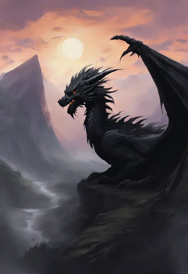 One feathered black dragon with black eyes, black mountains,  fantasy, mystical