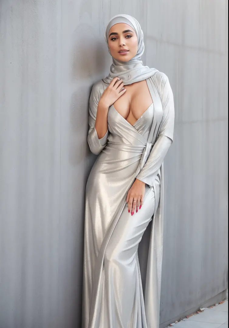 araffe wearing a silver dress and a hijab leaning against a wall, wearing silver silk robe, in a silver silk robe, wearing long silver robes, wearing silver dress, beautiful arab woman, sexy gown, fancy silver dress, satin silver, arabian beauty, wearing! ...