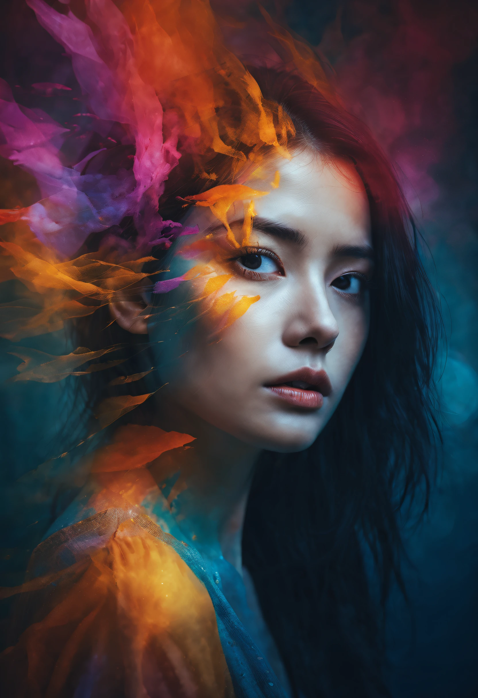 best quality,ultra-detailed,realistic,(double exposure:1.1),portraits,photography,(vibrant colors:1.2),creative lighting,blurred background,mysterious atmosphere,surreal,stylized,fine art,high contrast,overlapping images,abstract shapes,textures blend,harmonious composition,ethereal beauty,artistic expression