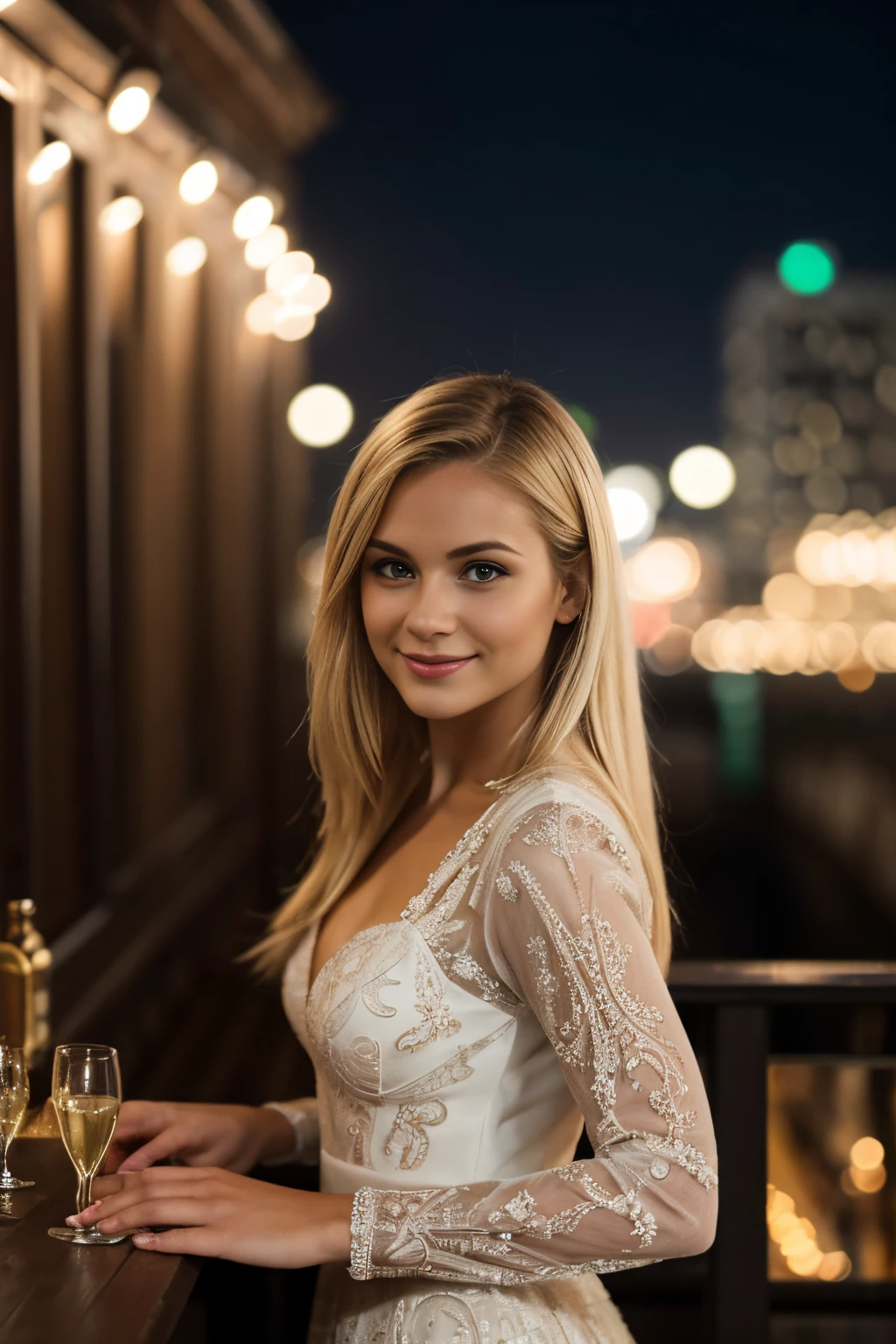 (Masterpiece), (extremely intricate:1.3),, (Realstic), Portrait of a 25-year-old European woman,gorgeous blonde, Outside night light, on an outdoor bar on the roof of a building in a city drinking a glass of champagne, Night Lights, professional photograph of a stunning woman detailed, sharp focus,, dramatique, award winning, lighting cinematic, Rendu octane, Moteur Unreal, volumetrics dtx, (grain du film, Bokeh, premier plan flou, blured background), very well dressed, subtle smile, flirts with the camera