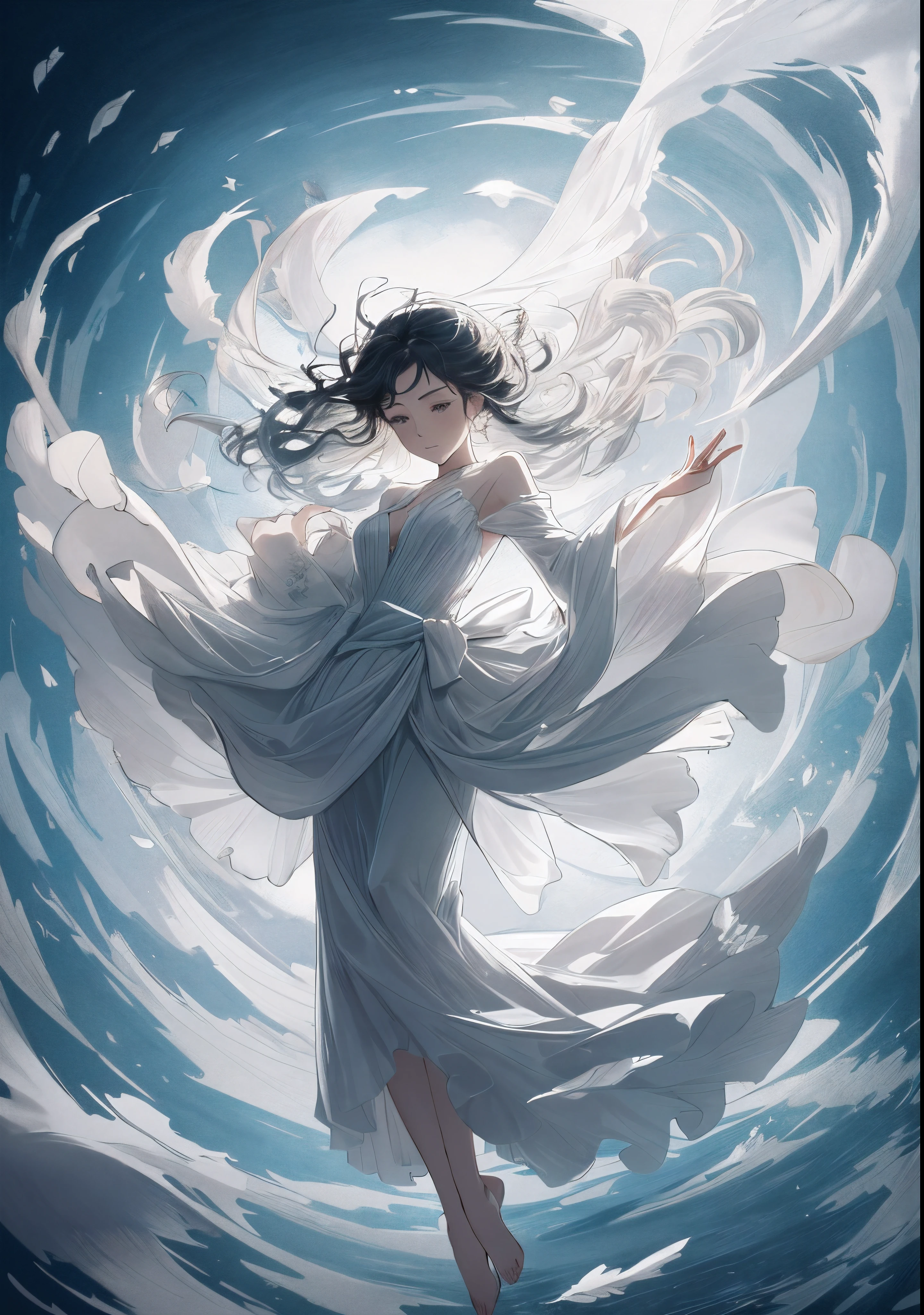 a drawing of a woman wearing very long dress, extremely fine ink lineart,  in dress, floating in perfume, dramatic floating pose, official illustration, elegant floating pose, inky illustration, dramatic magic floating pose, colorless, floating drowned, charlie bowater art style, she is floating in the air, clothes floating, black and white sketch