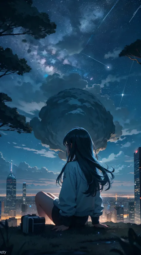 octans, sky, star (sky), scenery, starry sky, night, 1girl, night sky, solo, outdoors, building, cloud, milky way, sitting, tree...