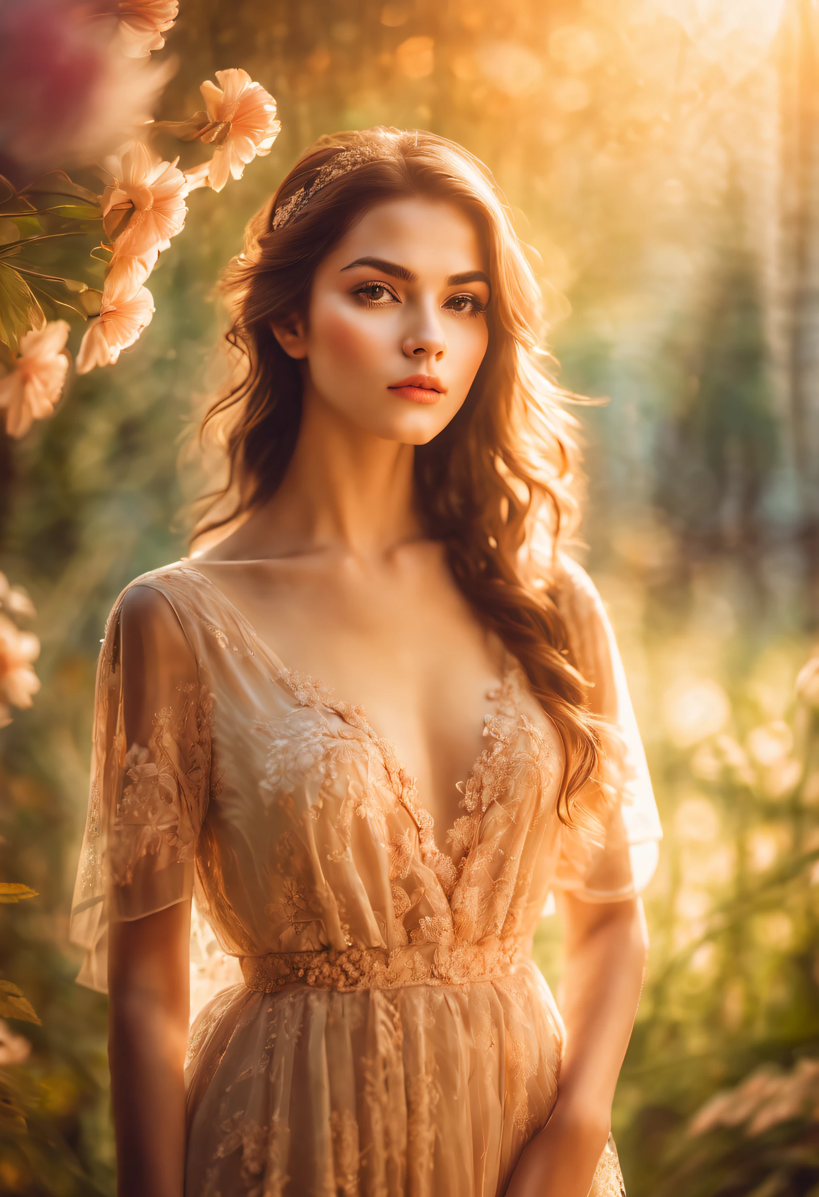 a girl with double exposure effect,beautiful detailed eyes,beautiful detailed lips,soft and dreamy atmosphere,artistic,blurred background,masterpiece:1.2,ultra-detailed,bokeh,warm color tones,soft and gentle lighting,lush garden,flowers in the foreground,shafts of sunlight filtering through the trees,elegant and flowing dress,feminine posture,peaceful and serene expression,captivating view