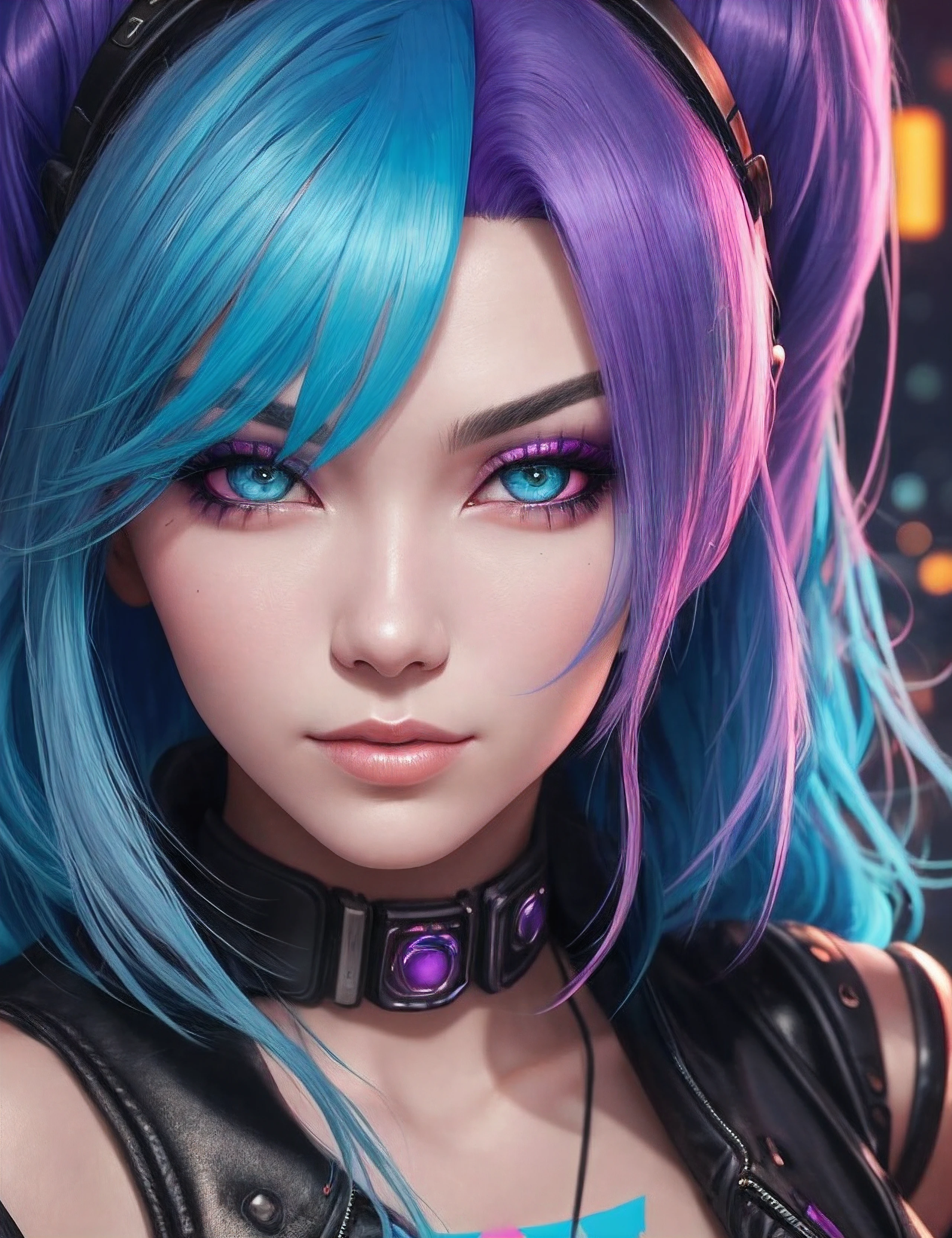 A woman with blue hair and purple hair wearing a black top - SeaArt AI