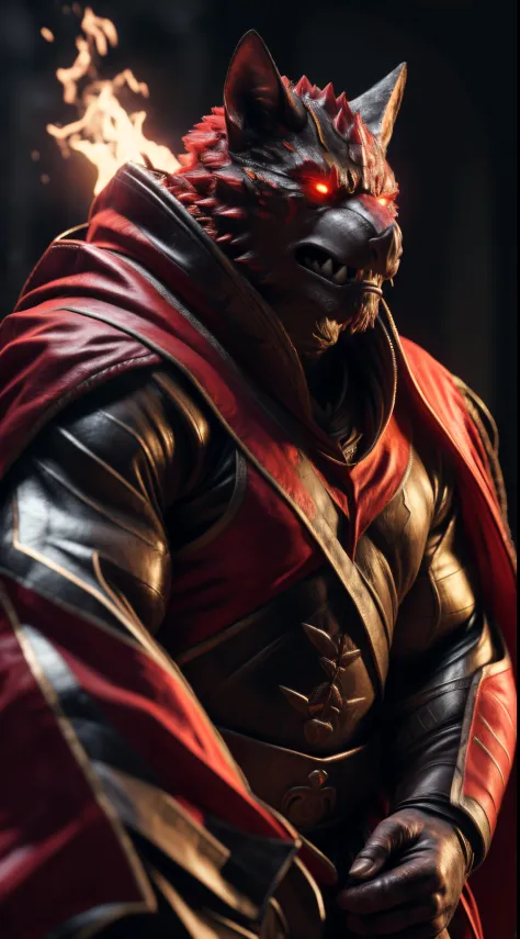 (best quality,4k,8k,highres,masterpiece:1.2),ultra-detailed,(realistic,photorealistic,photo-realistic:1.37),(the ultimate Orochi Hermann) red glowing eyes, fiery realistic background, the king of fighters style, serious expression on his face, wearing a ultra-realistic red hooded cape