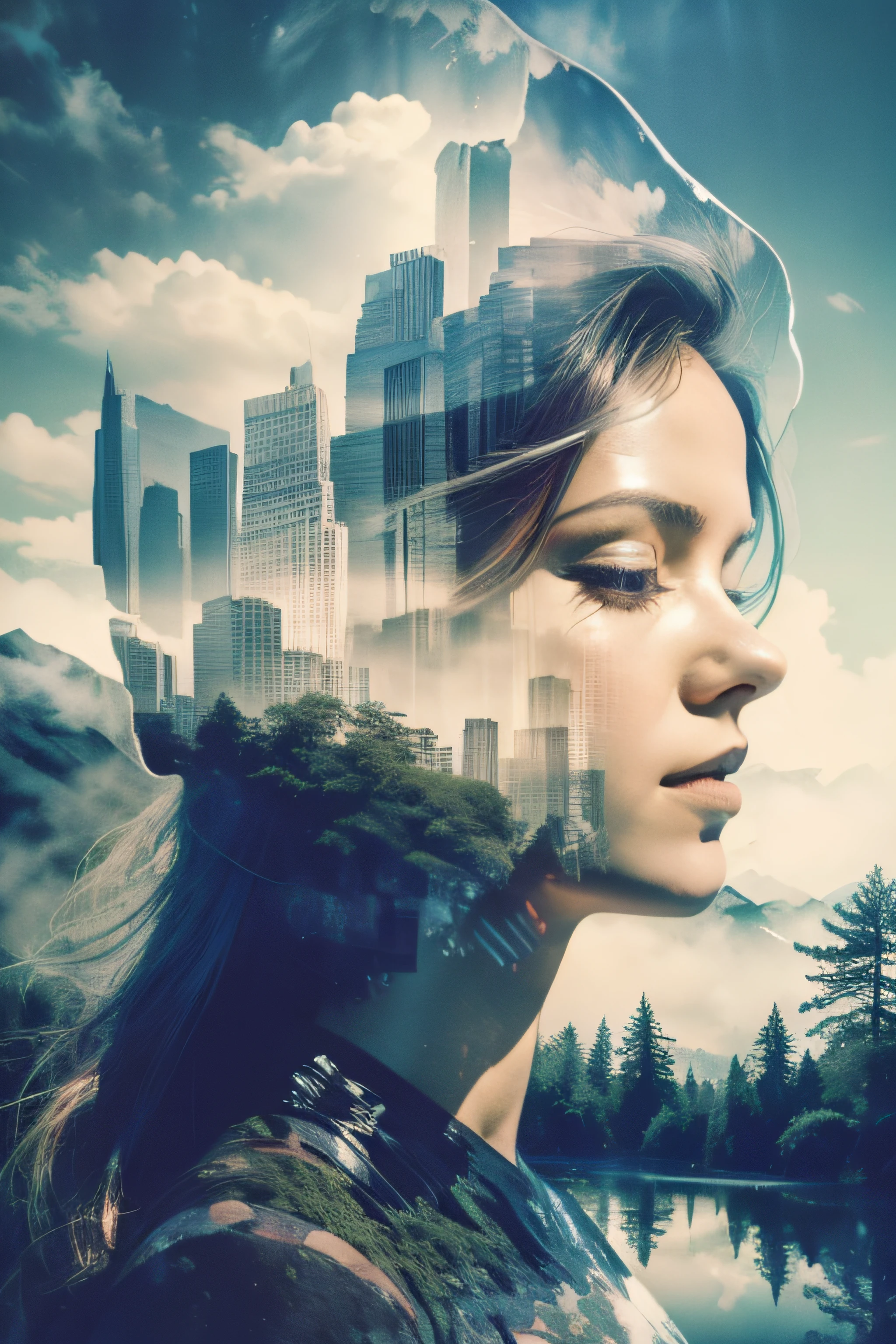 Mountains, forests and grasslands, Foggy cityscape in the distance，1 very beautiful girl，城市: 0.33，Immerse yourself in the immense wind current，living in white clouds，behind the clouds，(double exposure: 1.5)，photography of：Brandon Woelfelmist，Surreal dreams，Ethereal atmosphere, Sunny days，dyna，usufruct，HighDynamicRange，contours，globalillumination，RGB color，Colorful paintings，High- sharpness，8K，Ghibli colors，cubismo，UHD，anatomy correct，textureskin，precise，tmasterpiece，A high resolution，Award-Awarded，double exposure