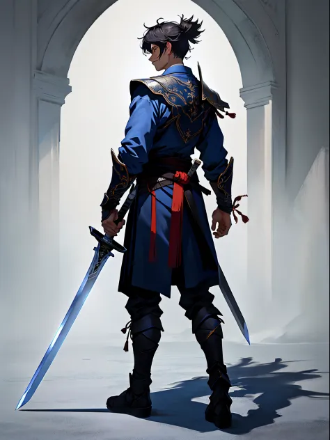 A warrior with a sword drawn，Back Shadow，Full body photo