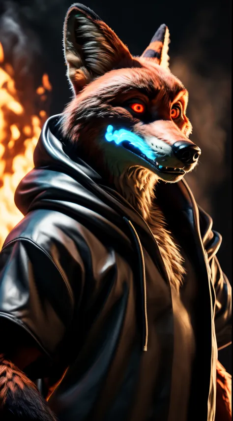 (best quality,4k,8k,highres,masterpiece:1.3),ultra-detailed,(realistic,photorealistic,photo-realistic:1.37),(the ultimate Orochi nick wilde) red glowing eyes,fierce expression,realistic fire background,The King of Fighters XIII style,serious look on his fa...