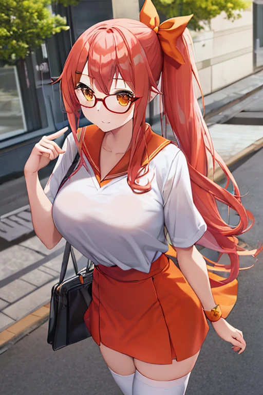 A girl with long pink hair, a side ponytail, orange eyes, big breasts, wearing casual clothes, including a white shirt, a red skirt, a hair bow, white-framed glasses, an orange scarf, wearing black thighhighs and black boots, with a bag. (best quality, detailed clothes, detailed hair, full body)