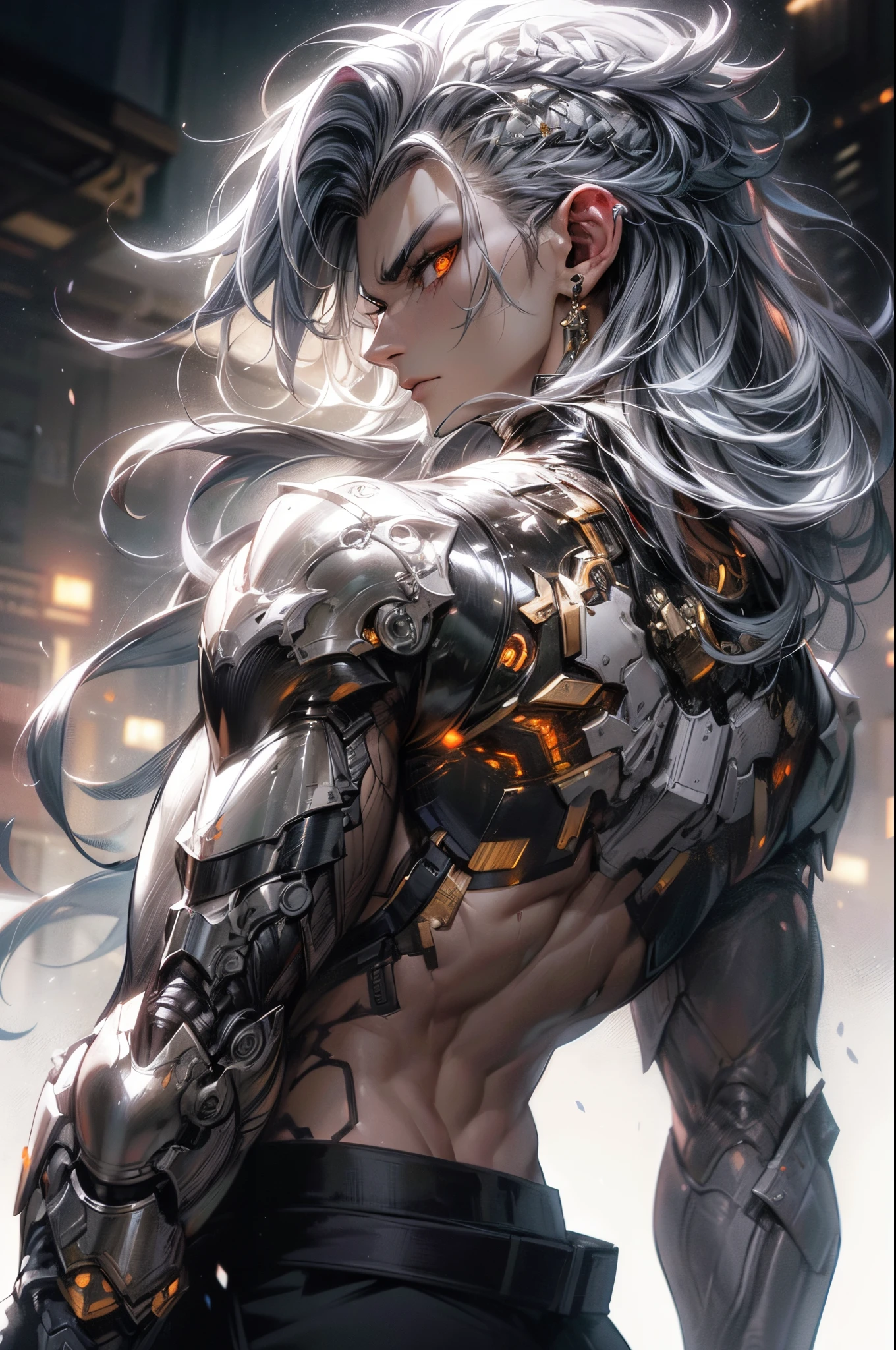 An epic and visually stunning digital artwork featuring a mid-30's masculine male with an angular facial structure and a flat masculine chest. The character is adorned in a heavy dieselpunk style with a heavy metal aesthetic, wearing eyeshadow for added intrigue. The image showcases the beauty and elegance of the character, who is wearing mechanical armor plating. The character has bright piercing orange eyes that stand out against their pure white armor plating. The armor is gorgeously engraved and resembles an armored trench coat. The character also possesses androgynous features, with mechanical muscled arms adding to their unique appearance.