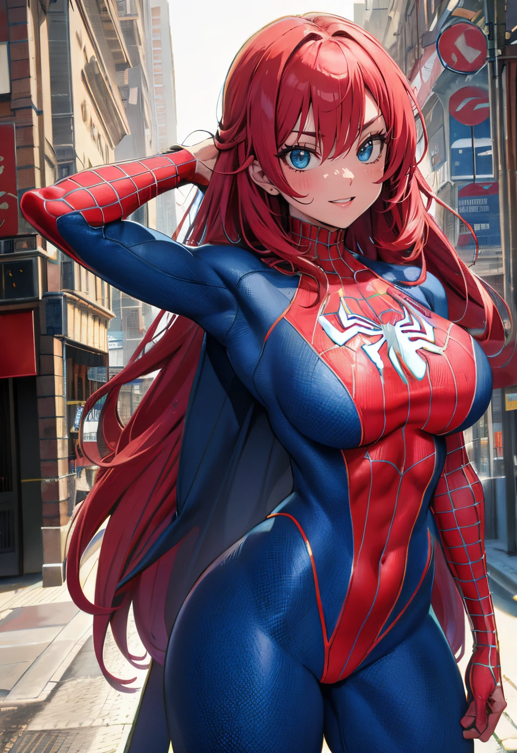 Spider - woman in a blue and red costume posing on a city street - SeaArt AI