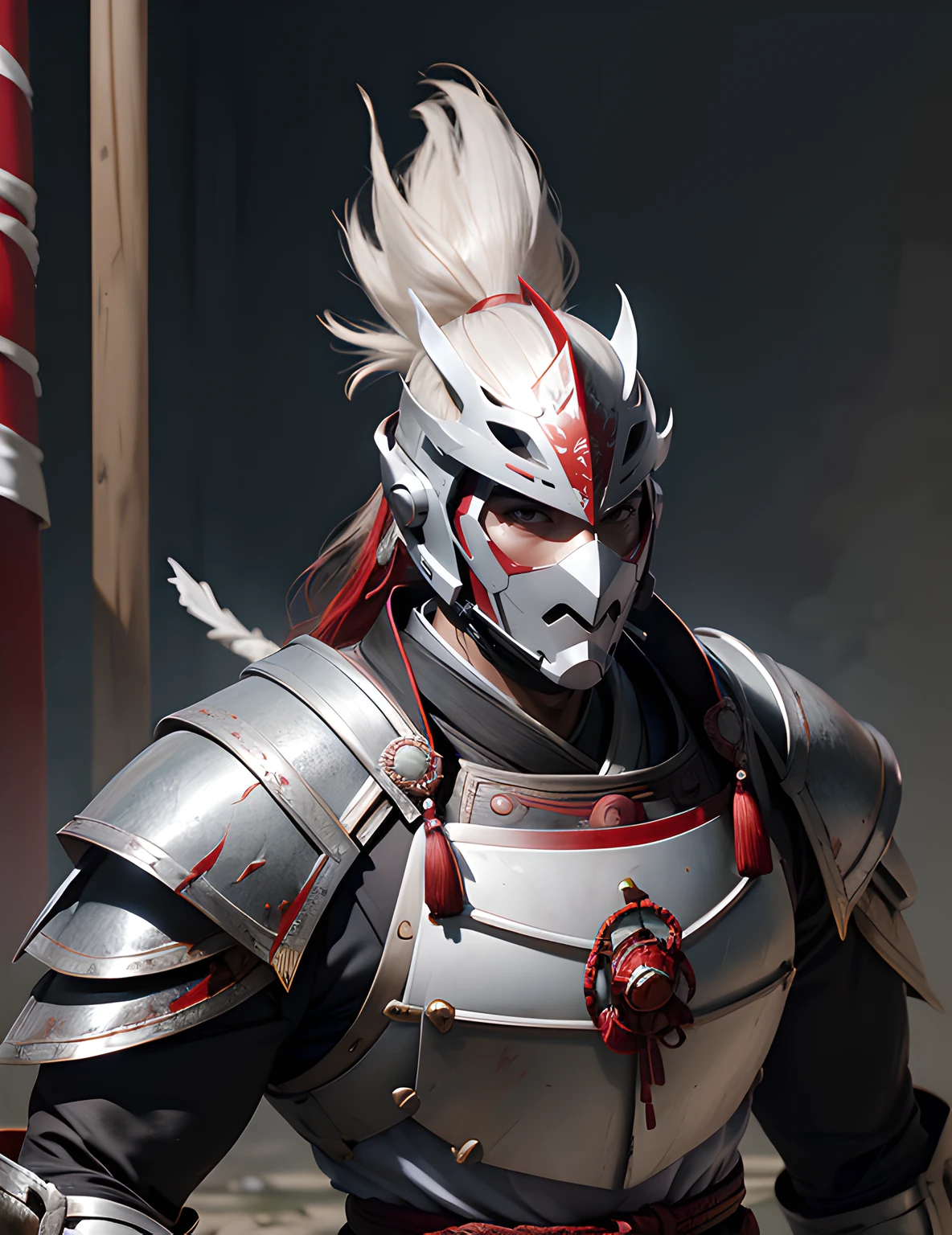 Japanese samurai wearing an exquisite white mask，No helmet, Urban Samurai, epic image, Era,frontal photos，The is very detailed，Straight A&#39;s，frontal photos，unwind，No helmet，Bunched hair，silver red armor，Broken armor，The body is not clean，bleed，Fighting posture，at the battlefield，stand posture，preparing to fight，