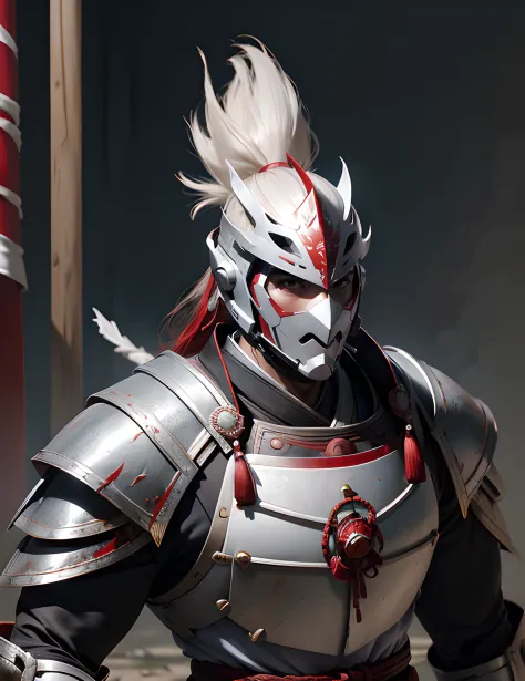 Japanese samurai wearing an exquisite white mask，No helmet, Urban Samurai, epic image, Era,frontal photos，The is very detailed，S...