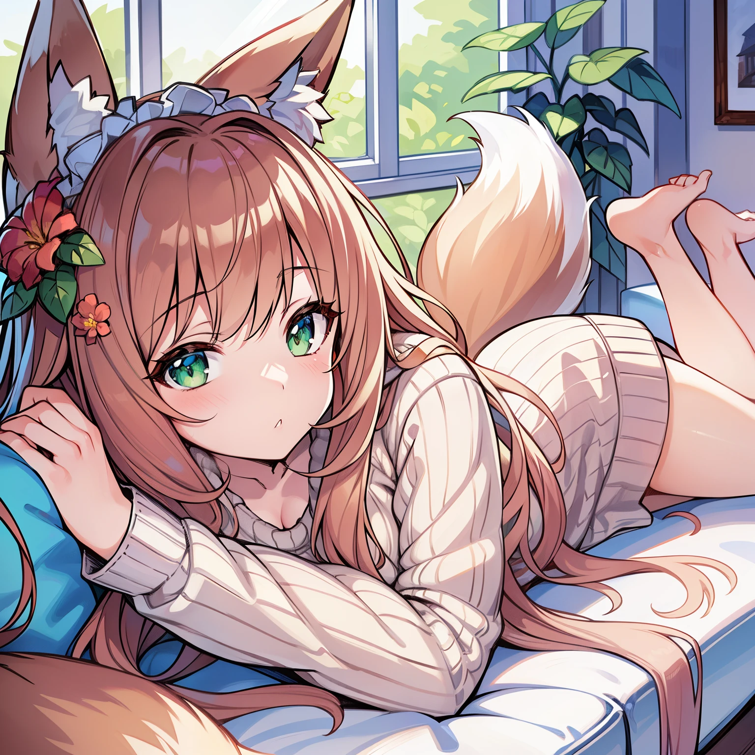 tmasterpiece，Highest resolution，8k wallpaper，Highest drawing quality)，1 plump girl，Alone，(Huge fox tail)，Long brown hair，Green-eyed，Small flower headdress，(21-year-old college student_C cups)，modernn architecture, A MILF, At home，lying on sofa，rest lazily，wear a sweater，