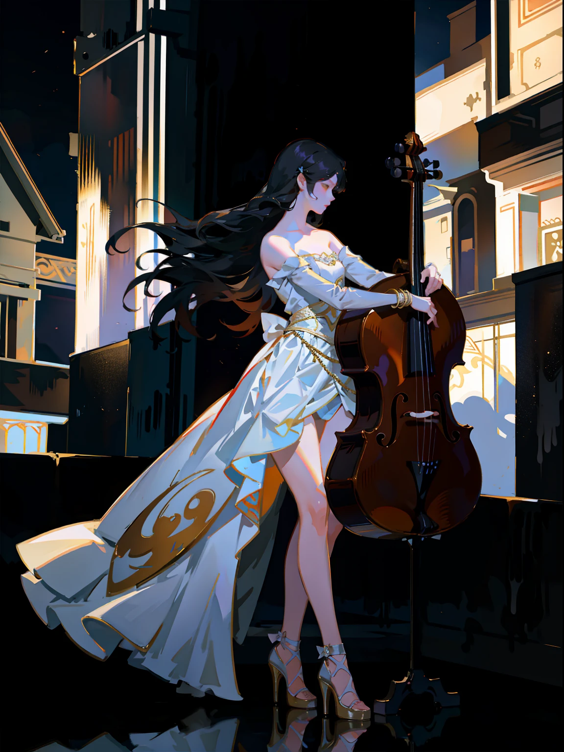 Pintura de corpo inteiro em pé，(Desenho de menina tocando violoncelo), Vestidos Brancos，Mandy Jurgens (Mandy Jurgens) Pinturas realistas criadas, pervertido, arte figurativa, Representação detalhada do, realisticamente, Uma obra de arte de