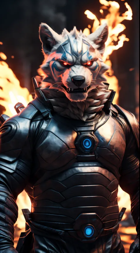 (best quality,4k,8k,highres,masterpiece:1.4),ultra-detailed,(realistic,photorealistic,photo-realistic:1.37),(Orochi Tano) realistic fire background in Marvel vs SNK style,fire armor with glowing red eyes looking at the viewer,serious expression on its face...